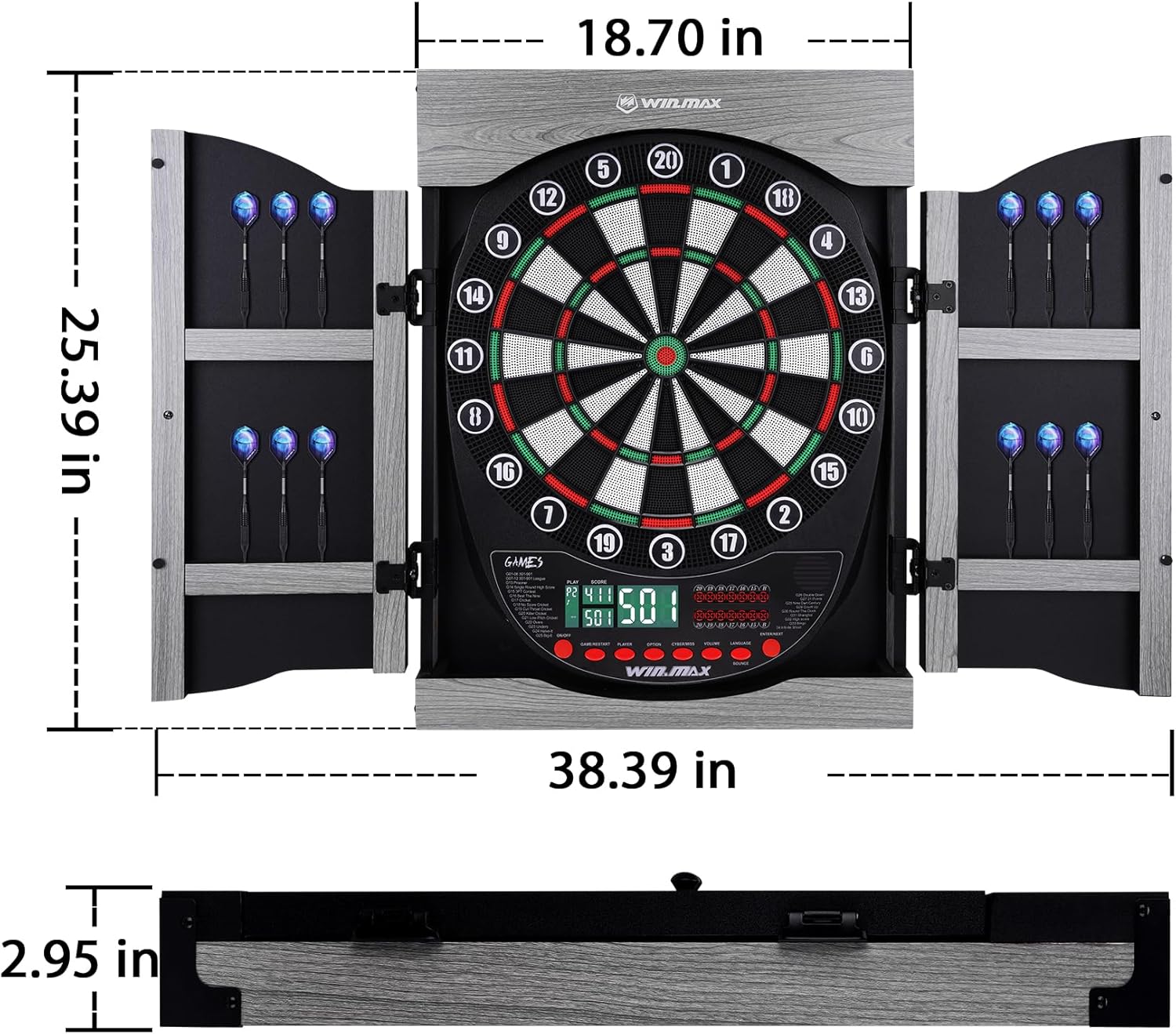 WIN.MAX Electronic Dart Board Soft Tip Dartboard Set LED Displays 3 Languges with Cabinet