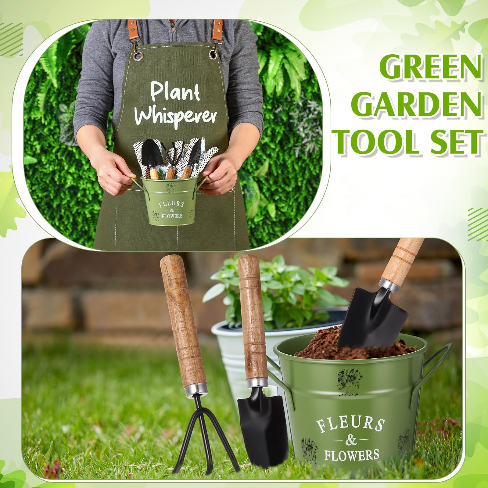 Tarpop Juego de herramientas de jardín verde, regalos de jardinería para mujeres, kit de herramientas de plantación de hortalizas de 7 piezas con tapa, delantal de lona, guantes de hojas verdes,