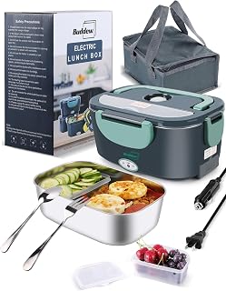 Buddew 80W Electric Heated Lunch Box 1.5L Stainless Steel Portable Food Warmer 12V/24V/110V for Car Truck Work Travel Green