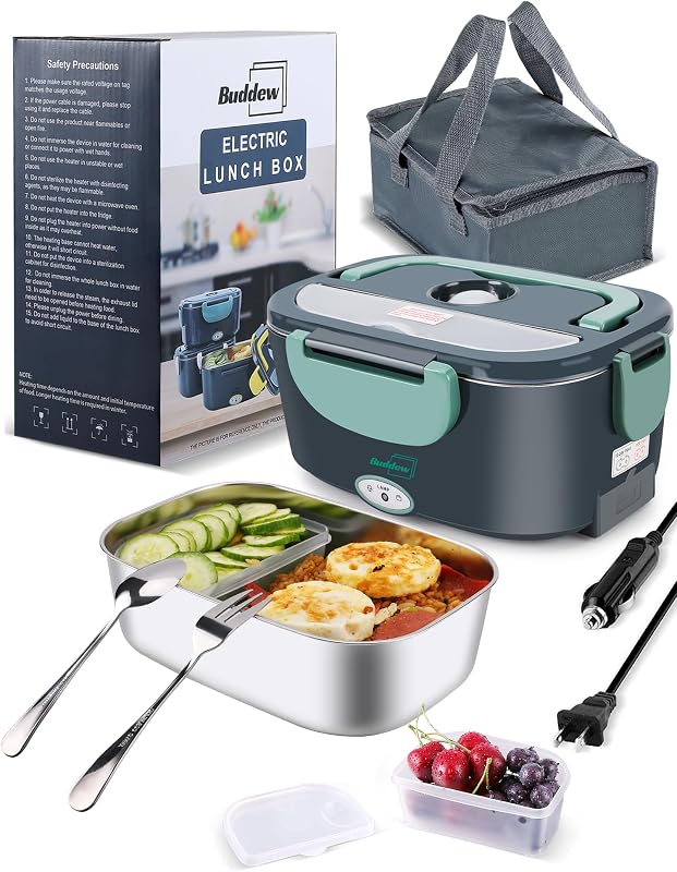 Fiambrera eléctrica con calefacción, calentamiento rápido de 100 W, acero inoxidable 304 de grado alimenticio de 1,5 L, calentador de alimentos portátil de 12 V/24 V/110 V para auto, camión, oficina, adultos, Lonchera Electrica portátil (verde)