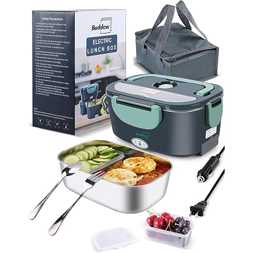 Buddew Electric Heated Lunch Box, 80W Fast Heating, 1.5L Food-Grade 304 Stainless Steel, 12V/24V/110V Portable Food Warmer for Car Truck Office Adults, Lonchera Electrica Portatil (Green)