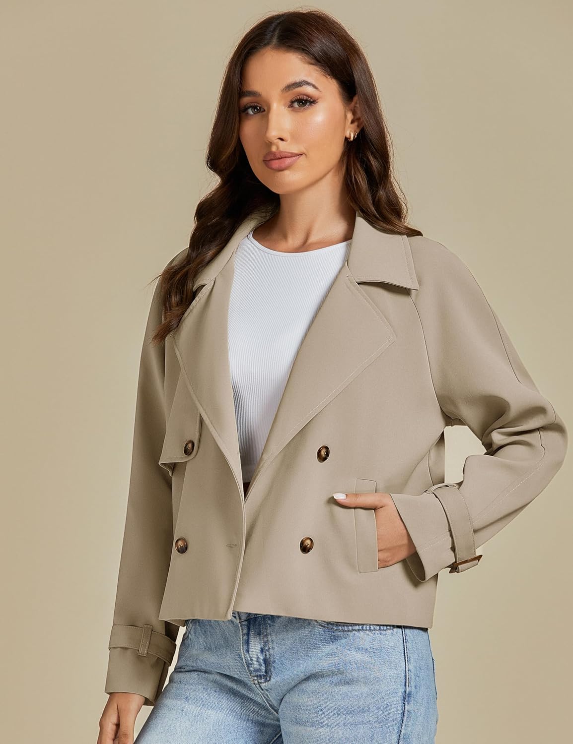 luvamia Cropped Trench Coat for Women Long Sleeve Double Breasted Notched Lapel Casual Loose Fit Jackets with Pockets