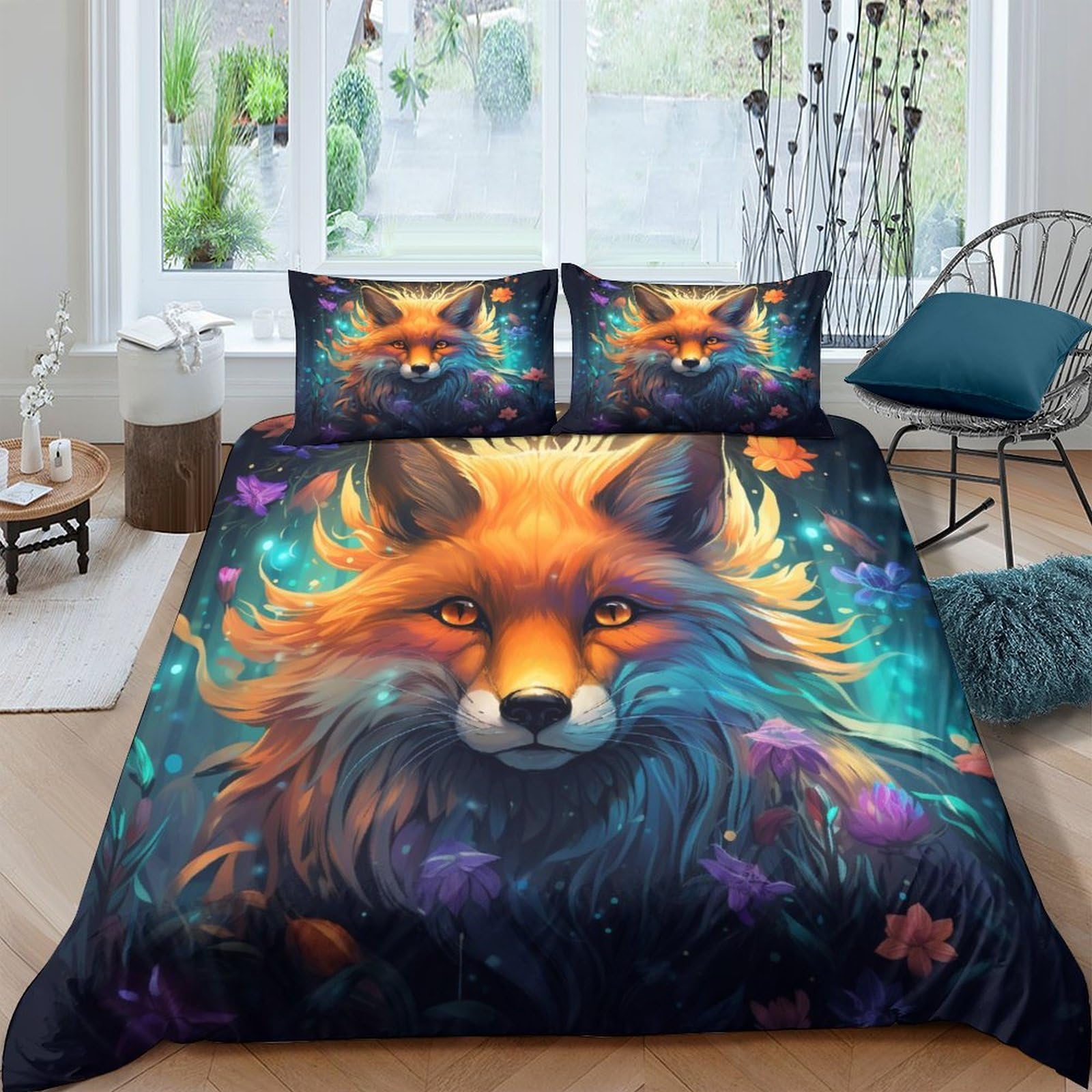 HOTGE Bedding Set 3D Animal Fox Printed Comforter Duvet Cover for Kids Boys Girls Adults Galaxy Flora Quilt Cover Bedspread Room Decor Double（200x200cm）