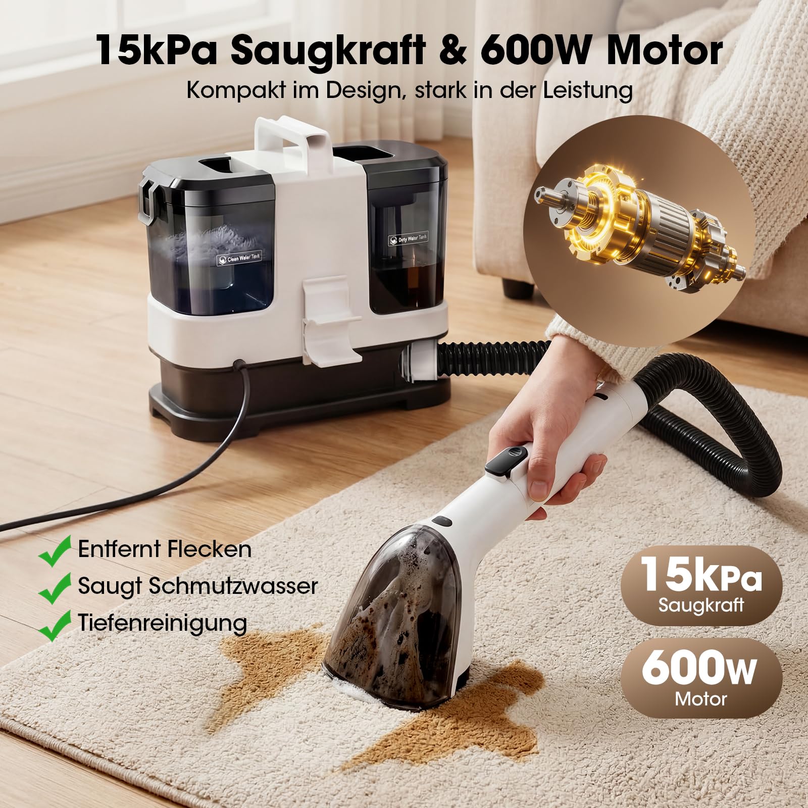 Lubluelu Nasssauger Polsterreiniger Gerät 600 W 15 kPa, kompakter Teppichreiniger & Fleckenreiniger mit starker Saugleistung für Sofa, Teppich & Auto, tragbar und leicht, Tiefenreinigung