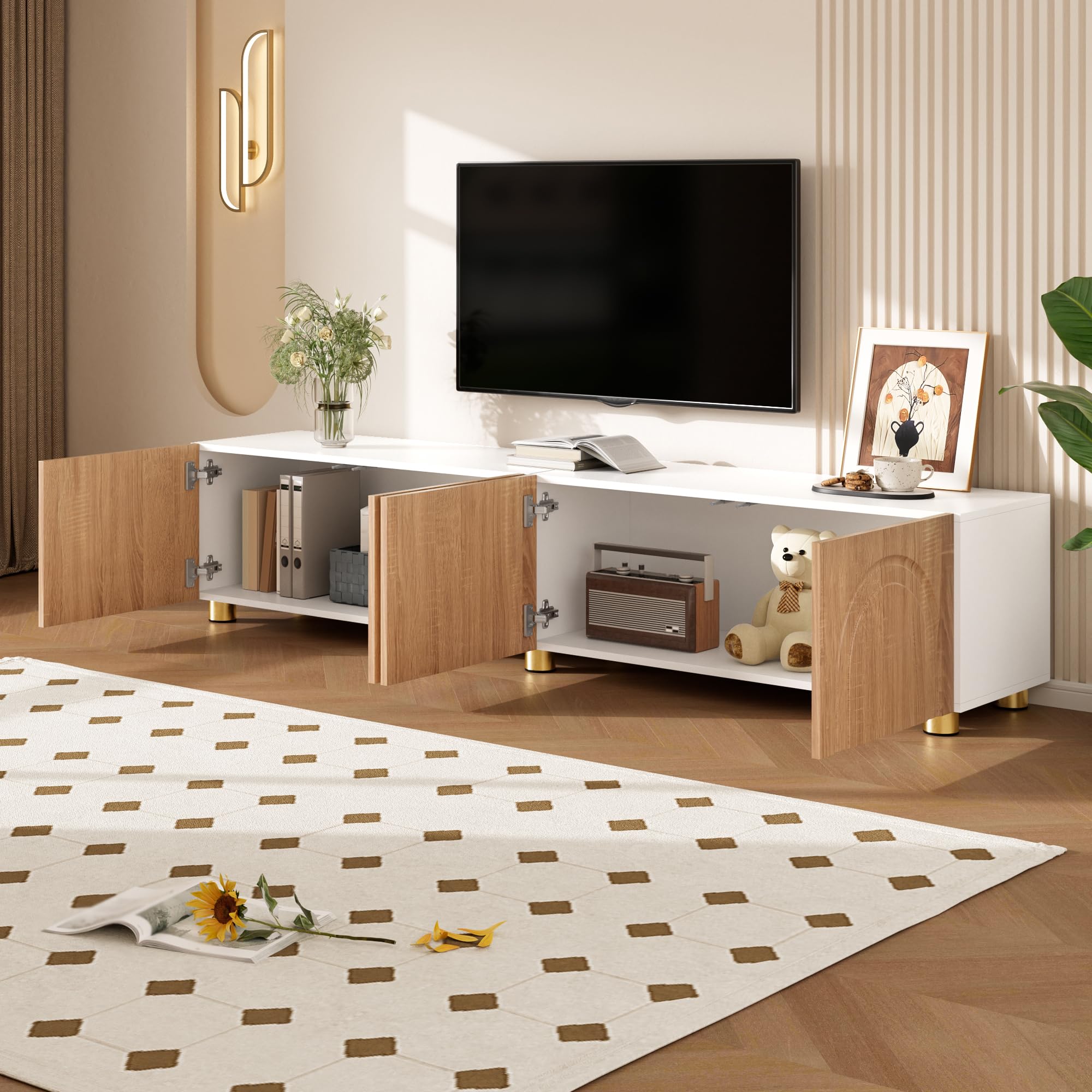Mobile basso per TV, lunghezza 180 cm, 4 ante con effetto | Mobile TV per soggiorno, corridoio, tavolo TV, piedini in metallo, supporto per TV, molto spazio
