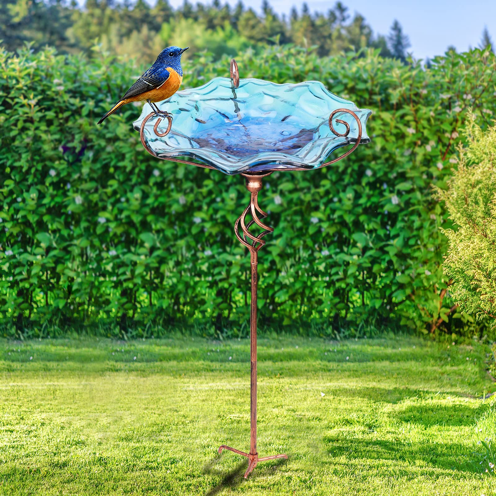 VCUTEKA Outdoor Bird Bath Glass Birdbath Garden Bird Feeder with Metal Stake Blue - image 7