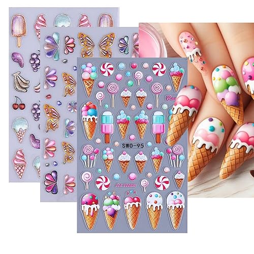 Summer Nail Art Stickers 5D Embossed Ice Cream Cone Nail