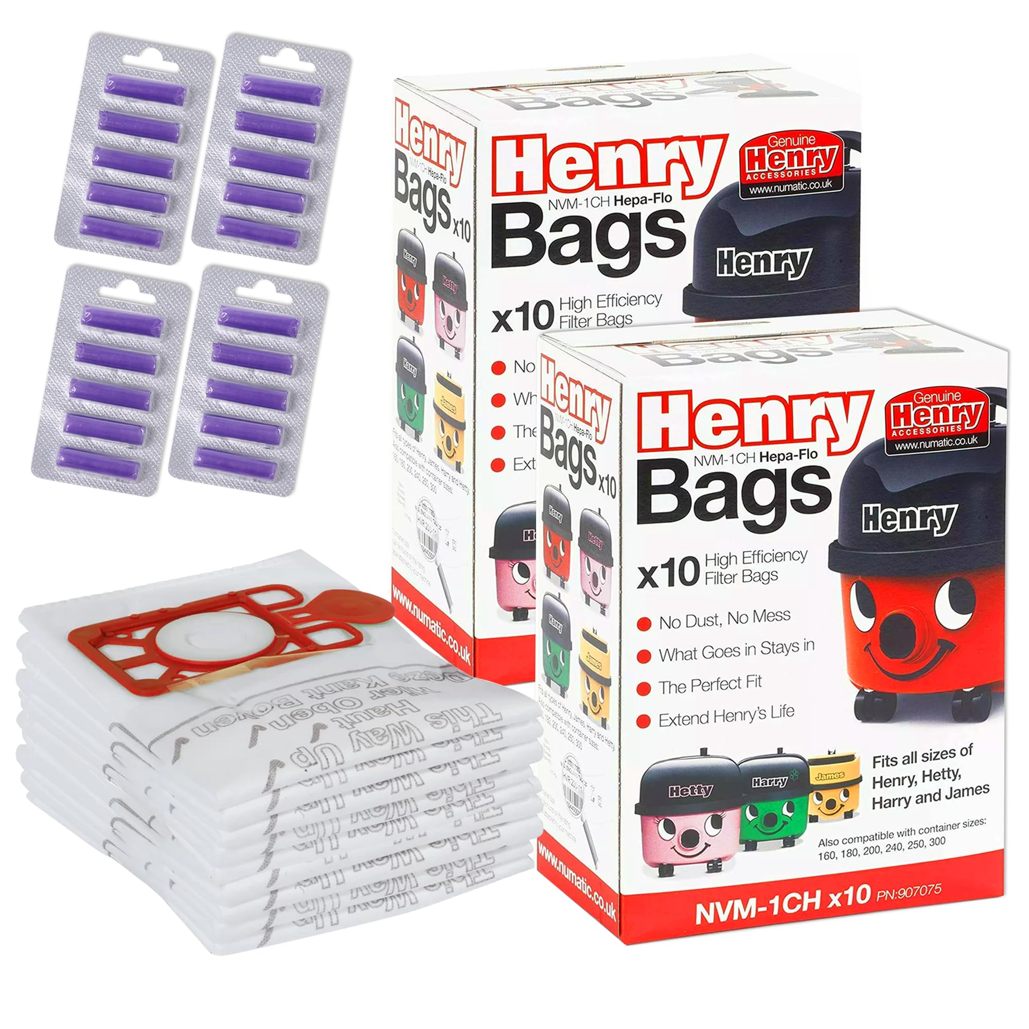 Genuine Hepa-Flo Henry Hoover Bags for Henry Vacuum Cleaner Pack of 20 With 20 Freshener Sticks - Hetty Vacuum Cleaner Bags - Numatic Hoover Bags for Hetty, Harry, James Models