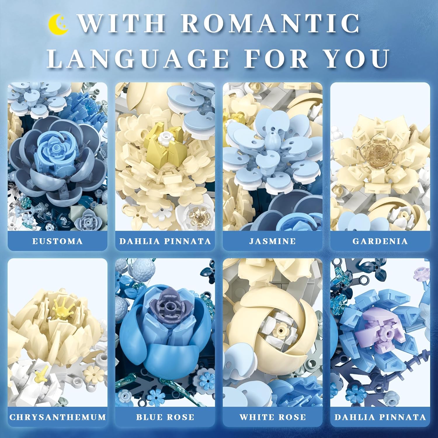 Crescent Moon Flower Building Set, Compatible with Lego, Botanical Collection Building Blocks Kit for Adults - Unique Home Décor Wall Art Idea