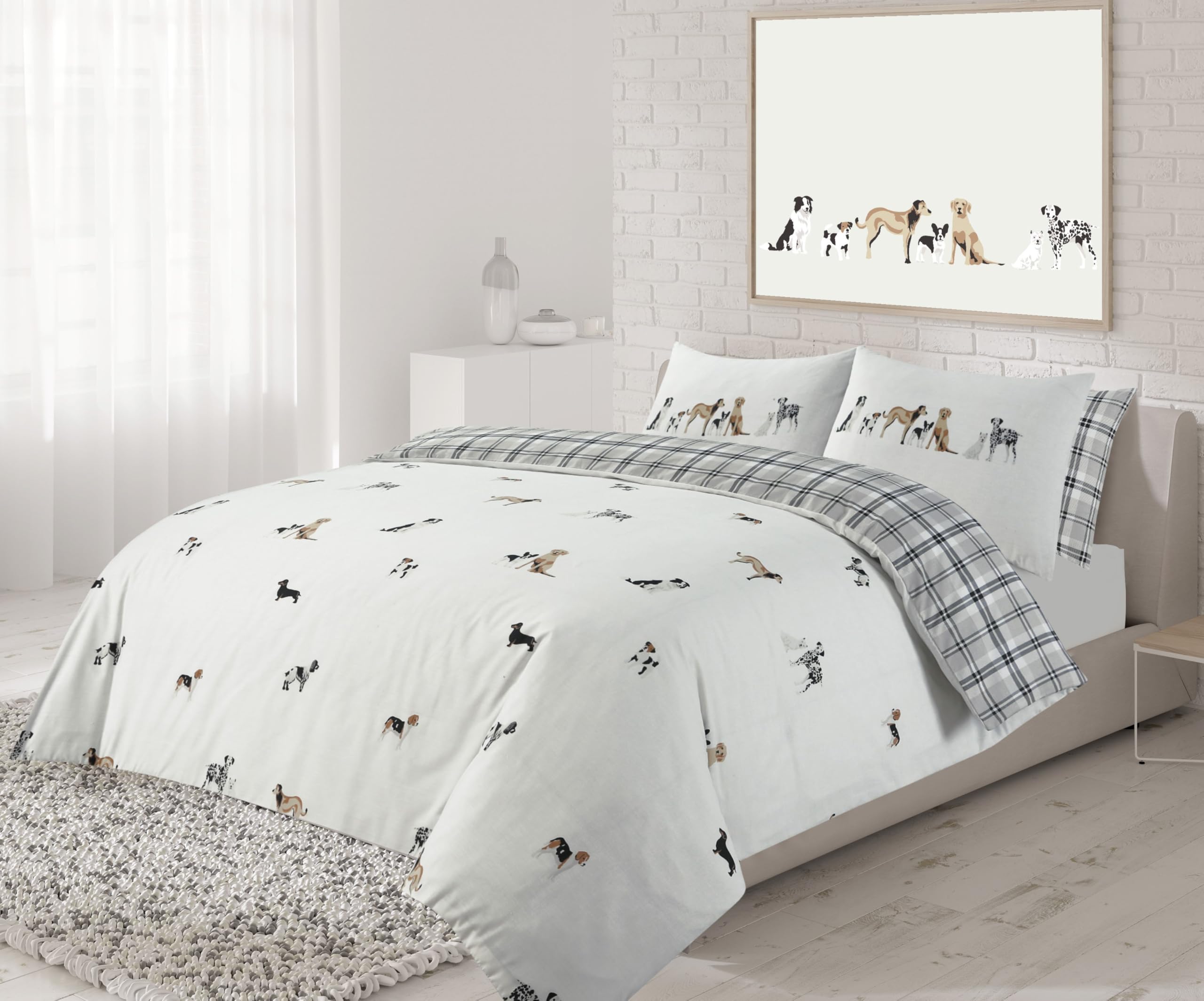 Charlotte Andersen White Dog Duvet Cover Double Polycotton Reversible Green Bedding Set (, Double)