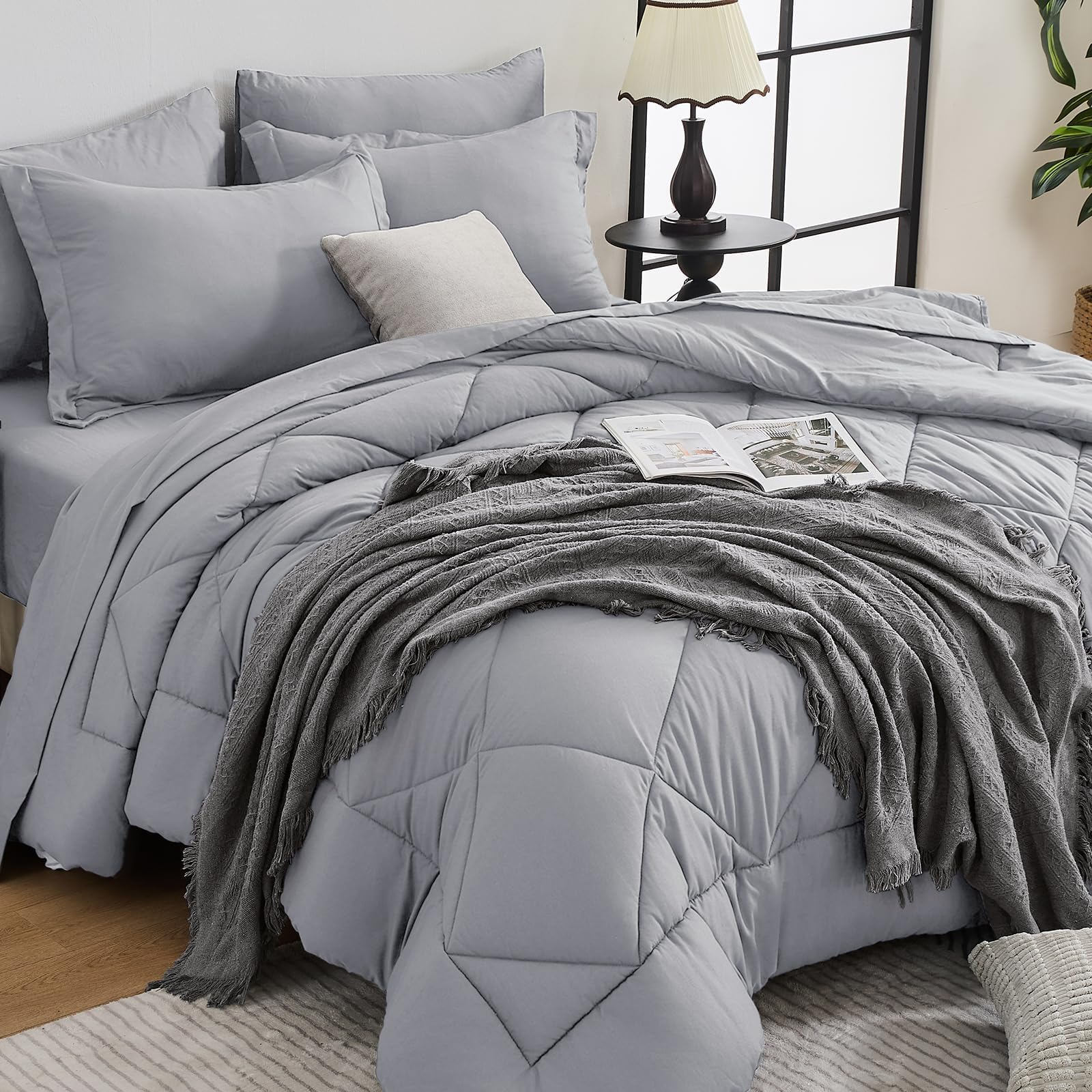 HEVUMYI 7-Piece Oversized Queen Comforter Set, Light Gray Bed in a Bag