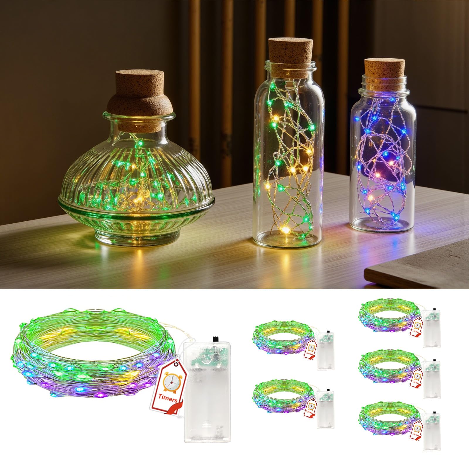 6 Stück Led Lichterkette mit Timer，2M 20LEDs Lichterketten Batteriebetrieben, Klein Innen Lichterkette für Weihnachten, Schlafzimmer, Party, Hochzeit, Baumdekoration,Mehrfarbig