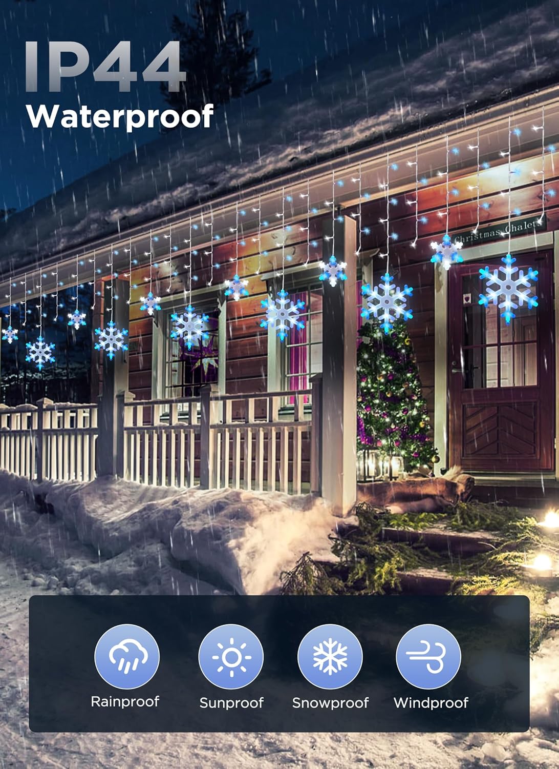 Brightown Snowflake Lights,20Ft 228 LED Icicle Lights for Outside with 24 Drops, Connectable Curtain Christmas String Lights for Indoor Outdoor House Eaves Window Porch Tree, Blue and White