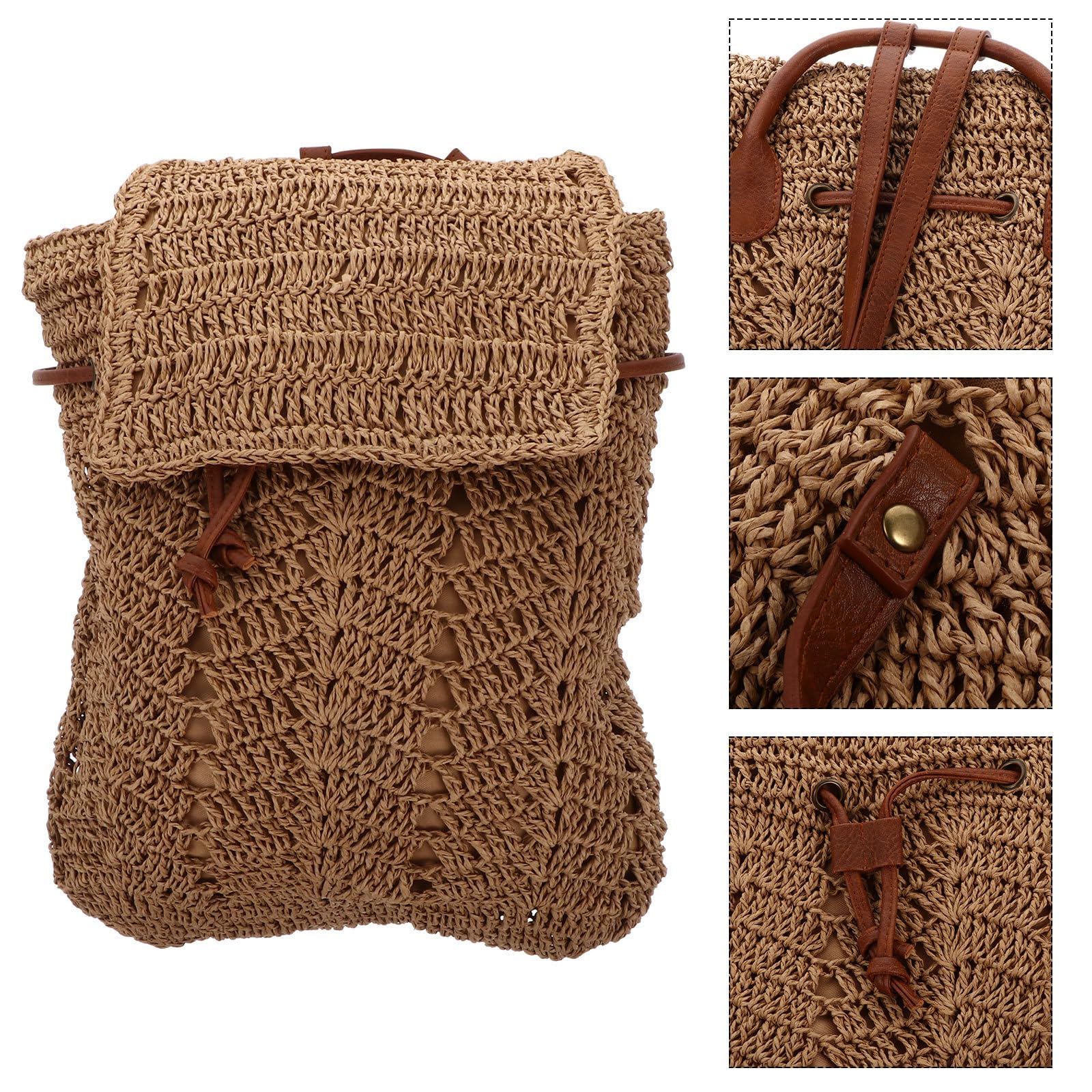 HOMSFOU Bolso de Paja Tejido Ligero de Hombro y Mochila Dos en Uno, Color Marrón Claro, Bolsa de Playa de Verano para Mujer, Mochila de Almacenamiento Resistente para Uso Diario