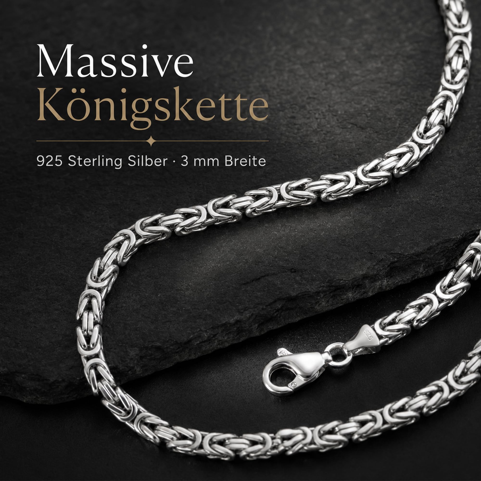 Königskette 925 Silber Kette Herren Halskette 3 mm 101095-0 | Silberkette 925er Sterling-Silber massiv mit Schmuck Box in den Längen 45 50 55 60 70 cm verfügbar