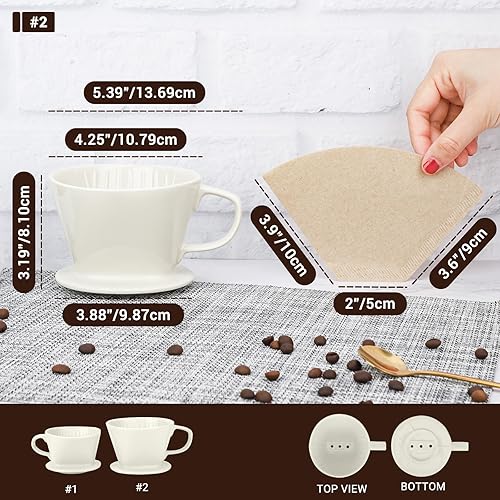 Miniatura 2 de Segarty Juego de cafetera vertida, gotero de café de cerámica blanca de una sola taza con 200 filtros de cono de tamaño #2, cafetera manual de goteo
