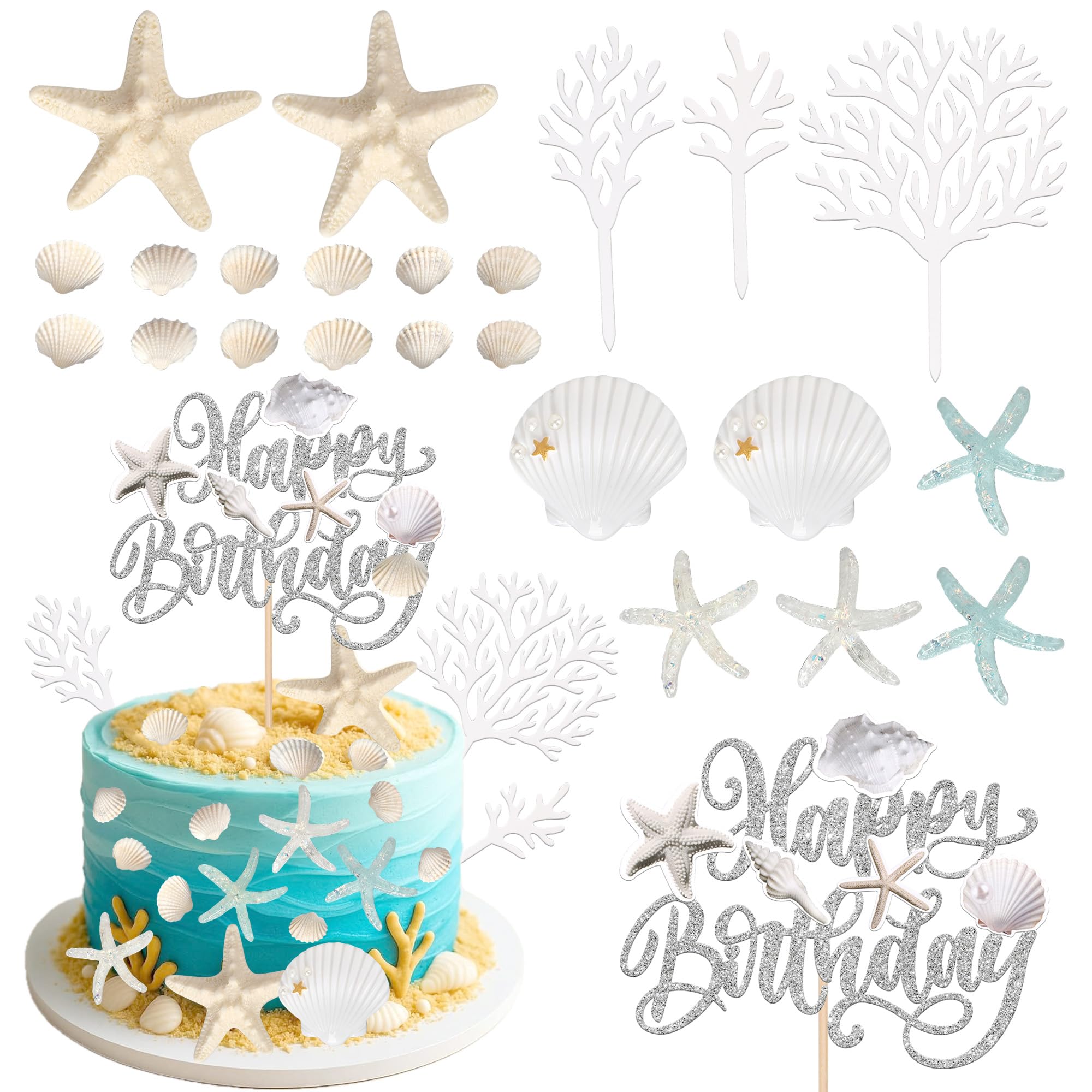 Xsstarmi Silver Glitter Happy Birthday Cake Topper Decorations with Starfish Shells Cake Pick for Summer Beach Theme Baby Shower Kids Birthday Party DIY Cake Decorations Supplies