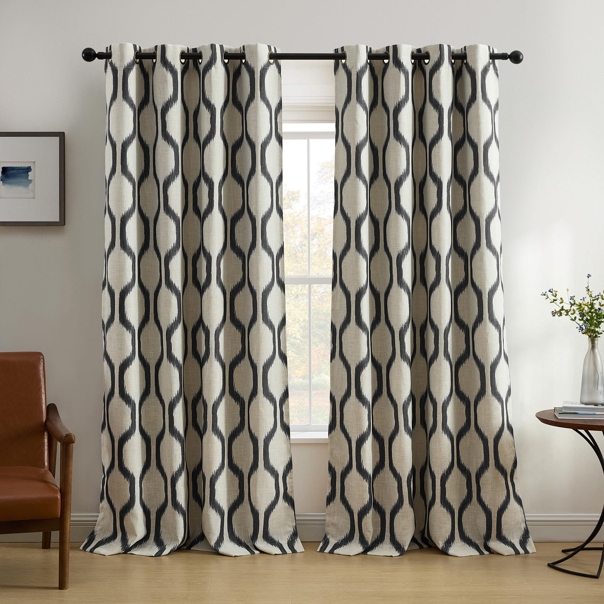 Elrene Home Fashions Renzo Ikat Geometric Room-Darkening Window Curtain, Living Room and Bedroom Drape with Grommets, 52"x95", 1 Panel, Black