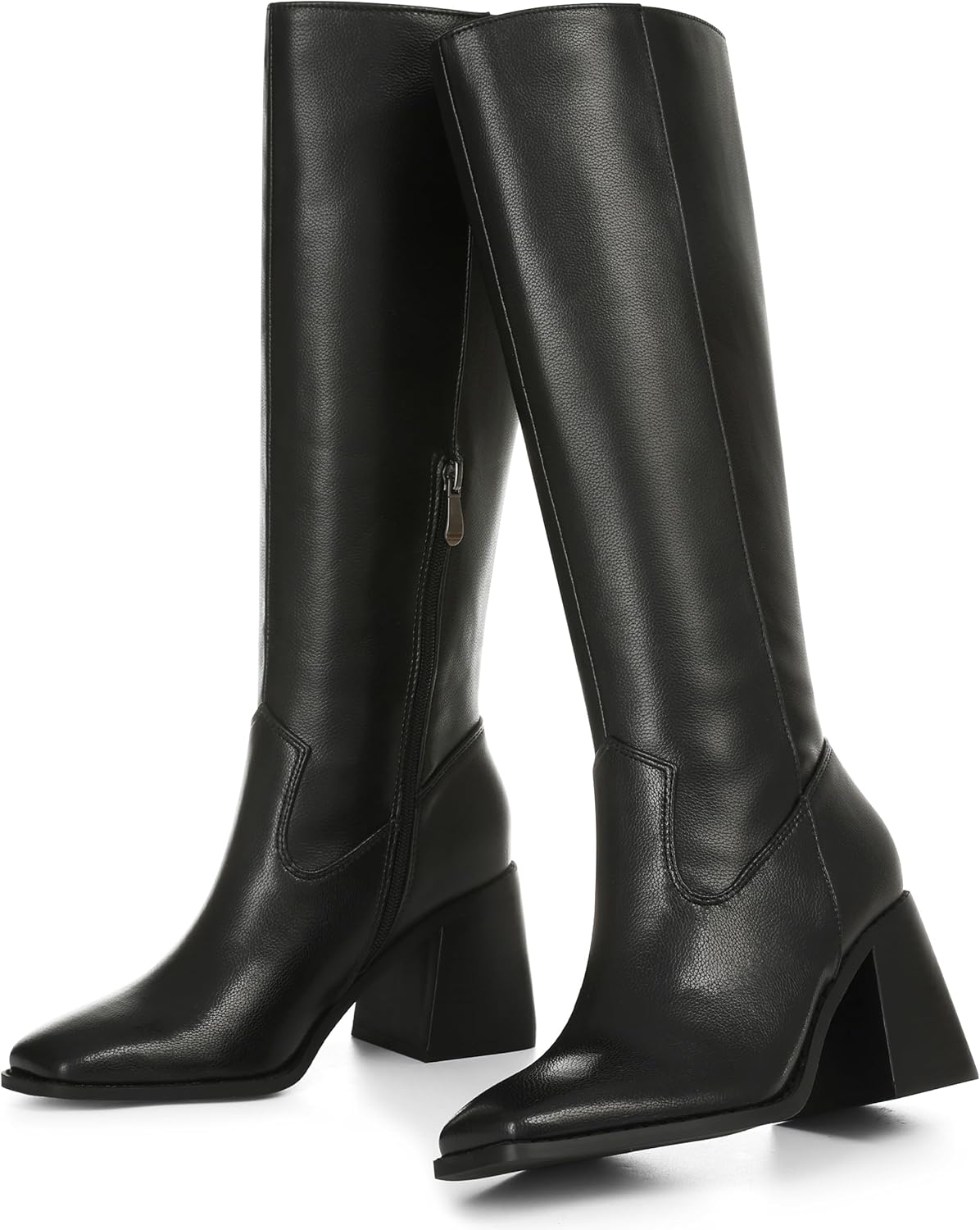 VOMIRA Knee High Boots Women Wide Calf Boots for Women Square Toe Tall Boots Chunky Heel Leather Long Boots Winter Fall Boots Black Boots for Women - Image 4