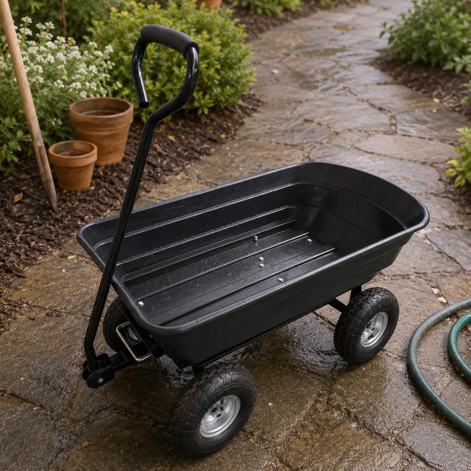 Carrello da Giardino a 4 Ruote Perni Delle Ruote Metallici Carrello con Vasca Aperta Resistente per Cortile, Tc1002-1