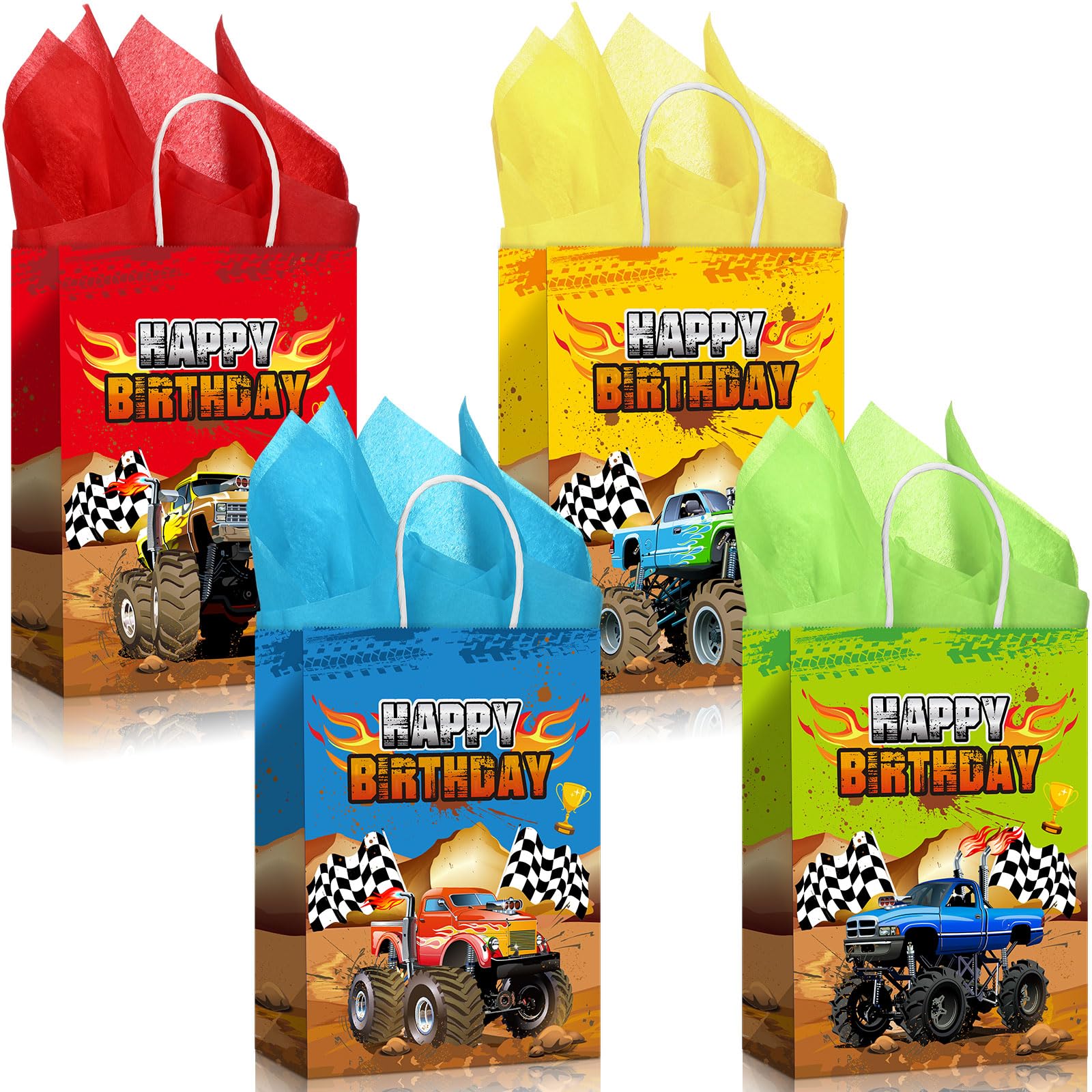 28 Pcs Monsters-Truck Party Favor Bags Monsters Themed Paper Gift Bags Racing Trucks Goody Treat Candy Bags for Monsters-Truck Themed Birthday Party Supplies (With Tissue Paper)