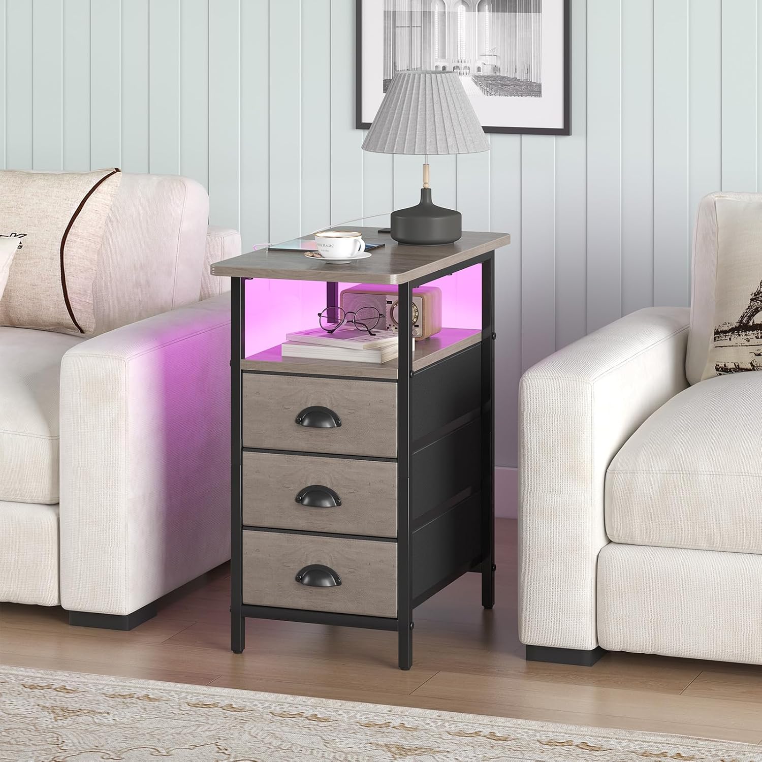 end table with charging station,led side tables with usb ports and outlets,narrow nightstands bedside tables with 3 drawers for small space,slim sofa table for livingroom,grey 11.75'' w*21'' d* 24.3'' h power & led grey