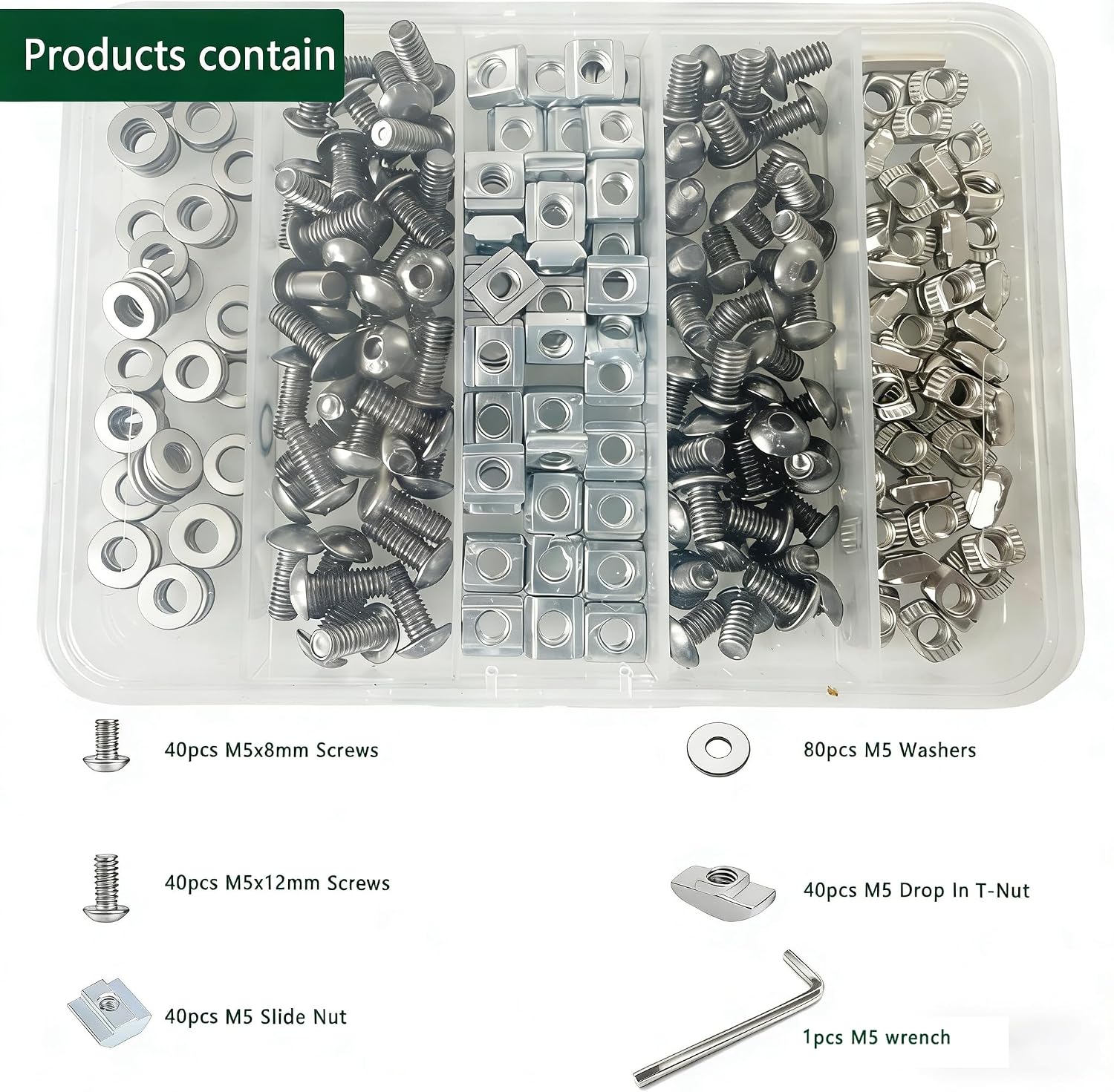 240pcs M5 T-Nuts Screws Kit for 2020 2040 8020 Series Aluminum Extrusion,40Pcs M5x8,40Pcs M5x12 Hexagon Socket Screws,40Pcs M5 T Sliding Nut,40Pcs M5 T Nut,80Pcs Washers