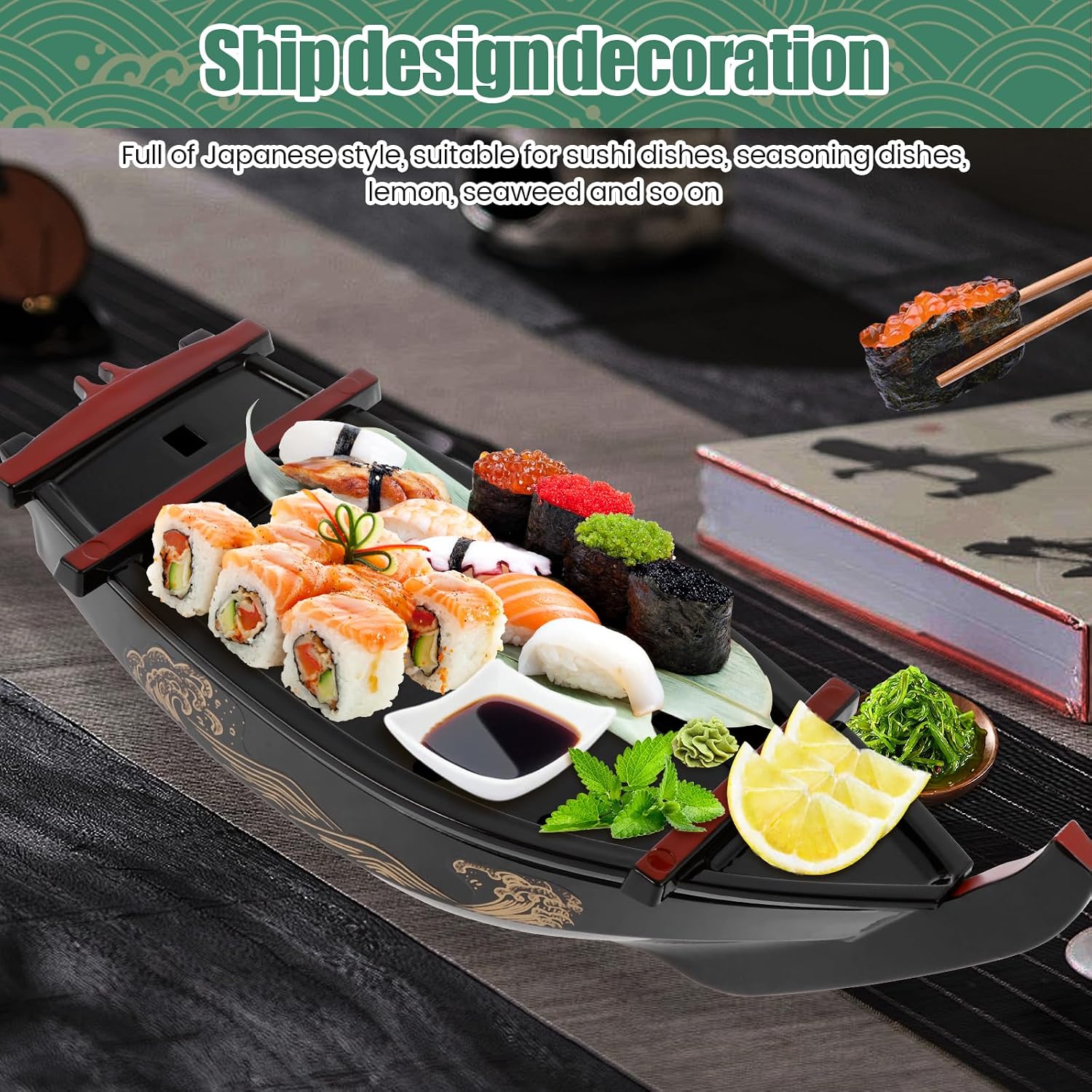 US Sushi Serving Tray Reusable Plastic Sushi Boat Serving Plate Japanese Style Sushi Tray Decorative Detachable Sushi Serving Platter for Home Kitchen Restaurant Buffet Party(black)