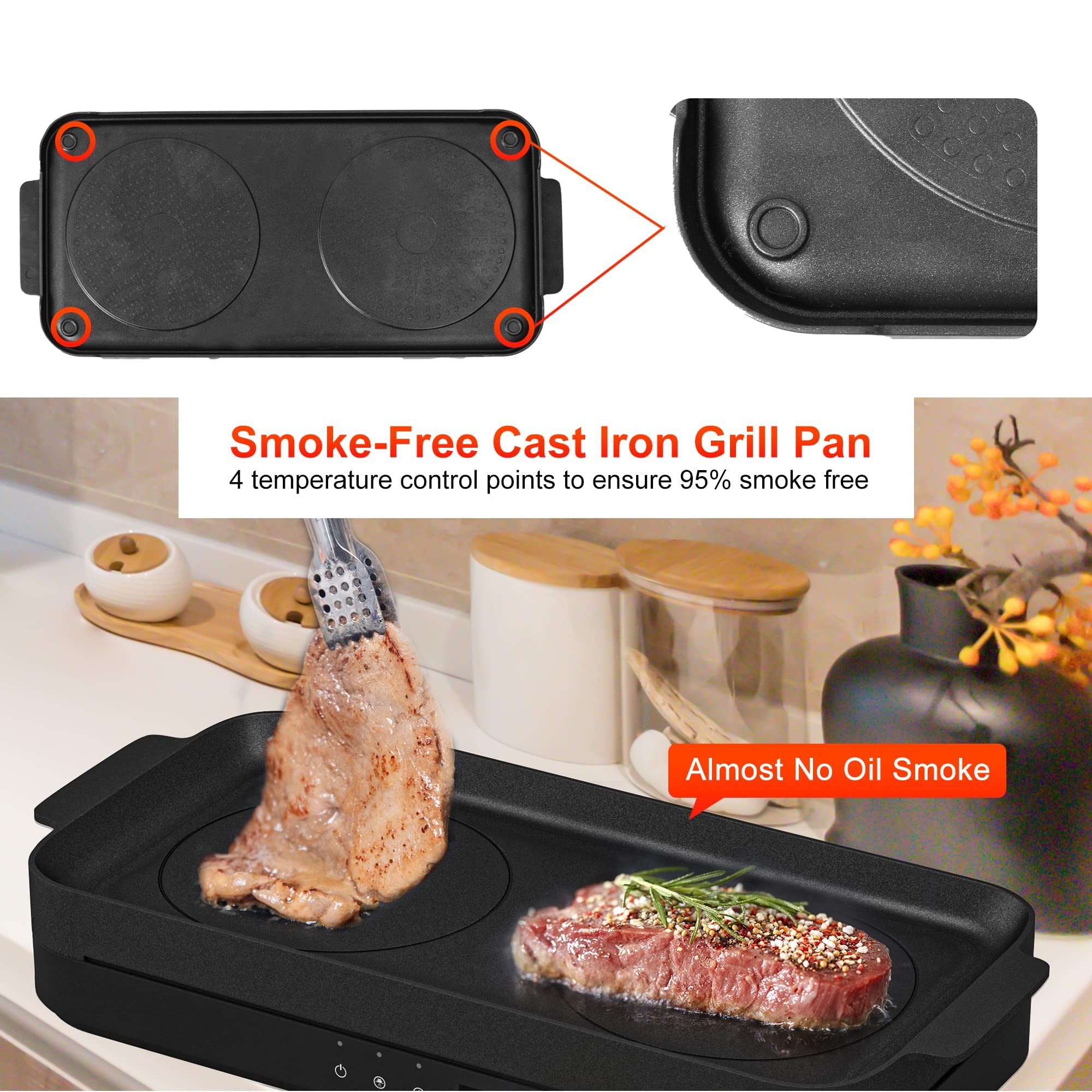 COOKTRON Portable Induktionskochfeld 2 Brenner 2800W Doppelinduktionskochfeld mit abnehmbarem Eisen Guss Grillpfanne Antihaft Kindersicherung