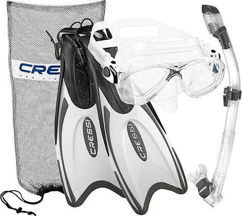 Cressi Italian Design Premium Tempered Glass Lens Scuba Snorkel Mask, Dry Snorkel, Palau Long Adjustable Snorkeling Fin, Snorkel Set with Carry Bag