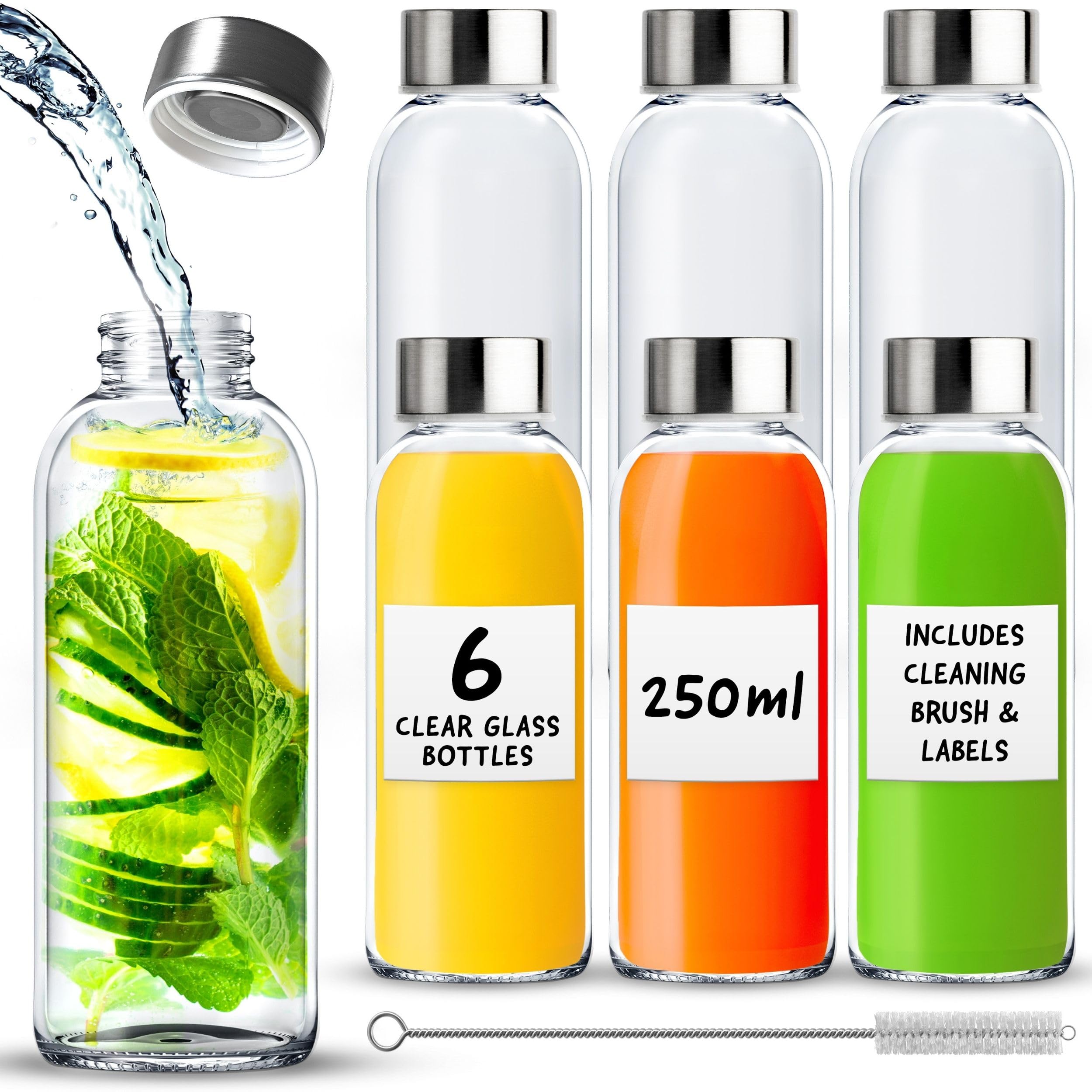 volila Glass Bottles with Lids, 6 Pack 250ml Leakproof, Reusable Glass Drinking Bottle for Water Juice, Milk and Smoothie