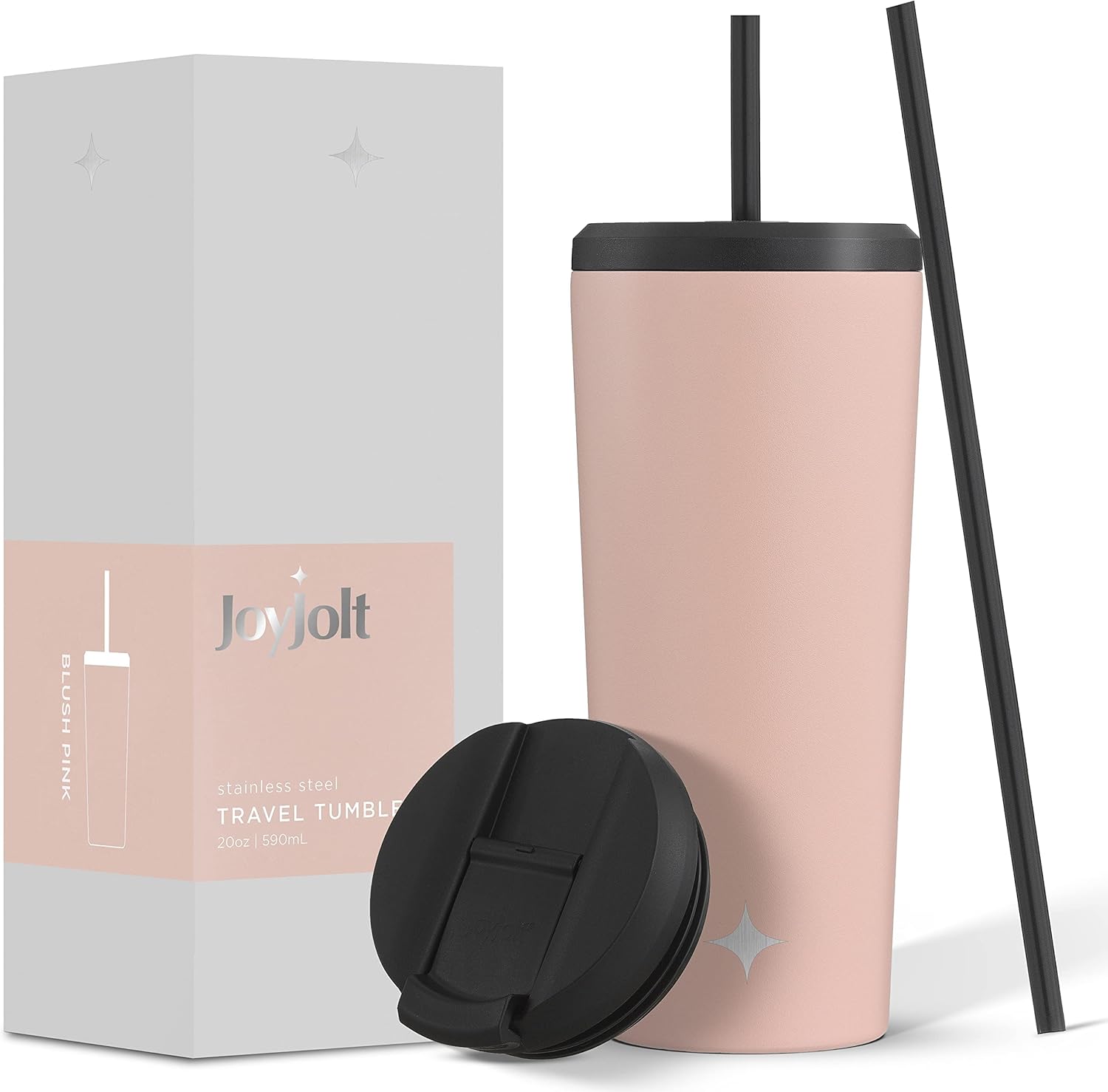 JoyJolt Vacuum Insulated 24 oz Tumbler with Lid and Straw (2 Each) Vacuum Double Wall Stainless Steel Tumbler, Copper Lined for 12Hr Hold/Cold Drinks. Leakproof Water Bottle, Tea or Iced Coffee Cup