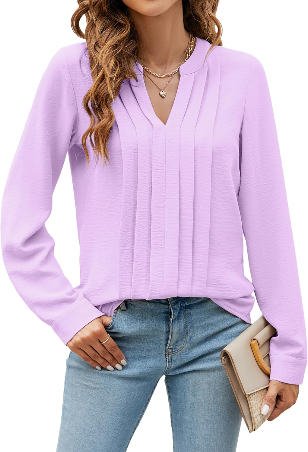 Blooming Jelly Women's Dressy Casual Blouses Business Work Tops Long Sleeve V Neck Pleated Shirts 2026 Fall Outfits