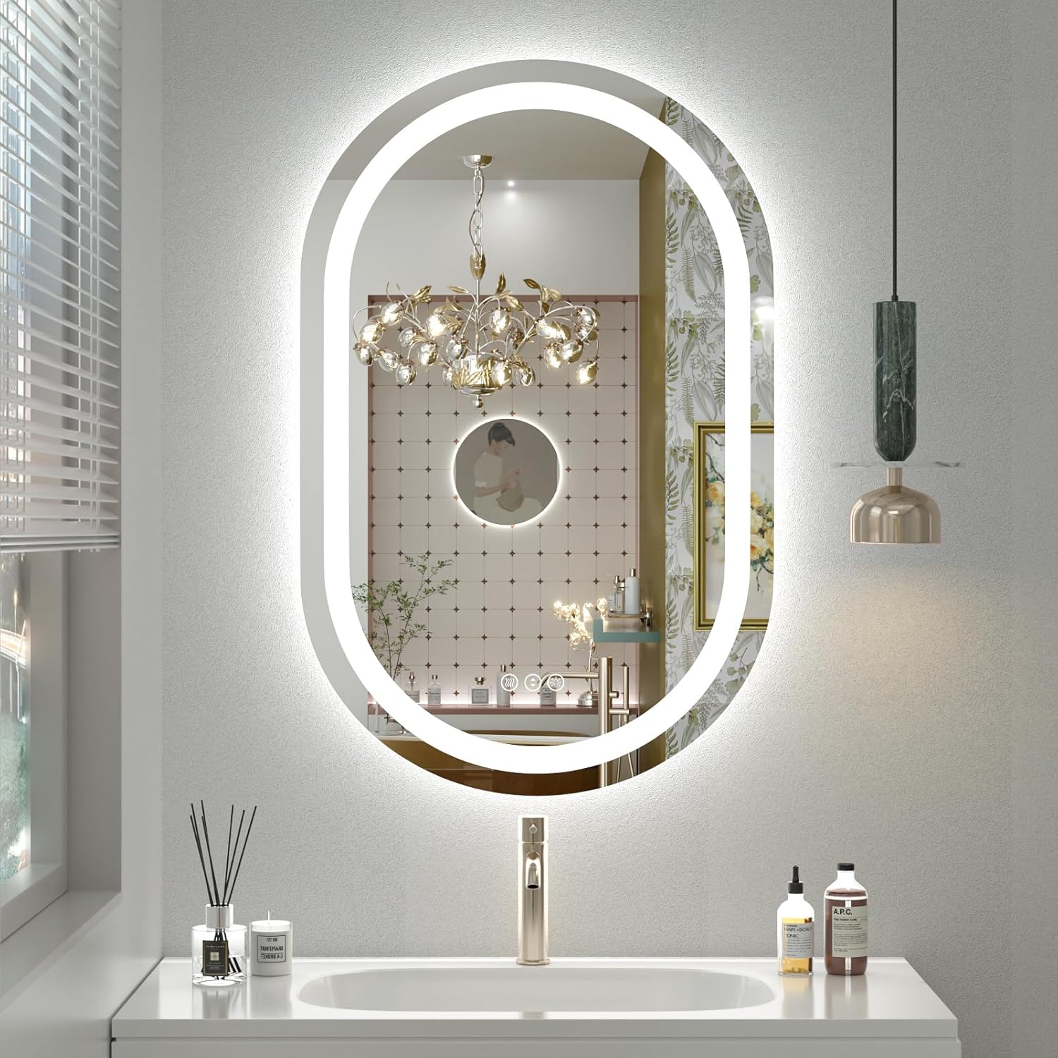 OKPAL Oval LED Bathroom Mirror 24x36, Lighted Bathroom Mirror with Lights, Oval LED Bathroom Vanity Mirror, Anti-Fog, Shatter-Proof, Dimmable, Memory, 3 Colors (Front Lights + Backlit)