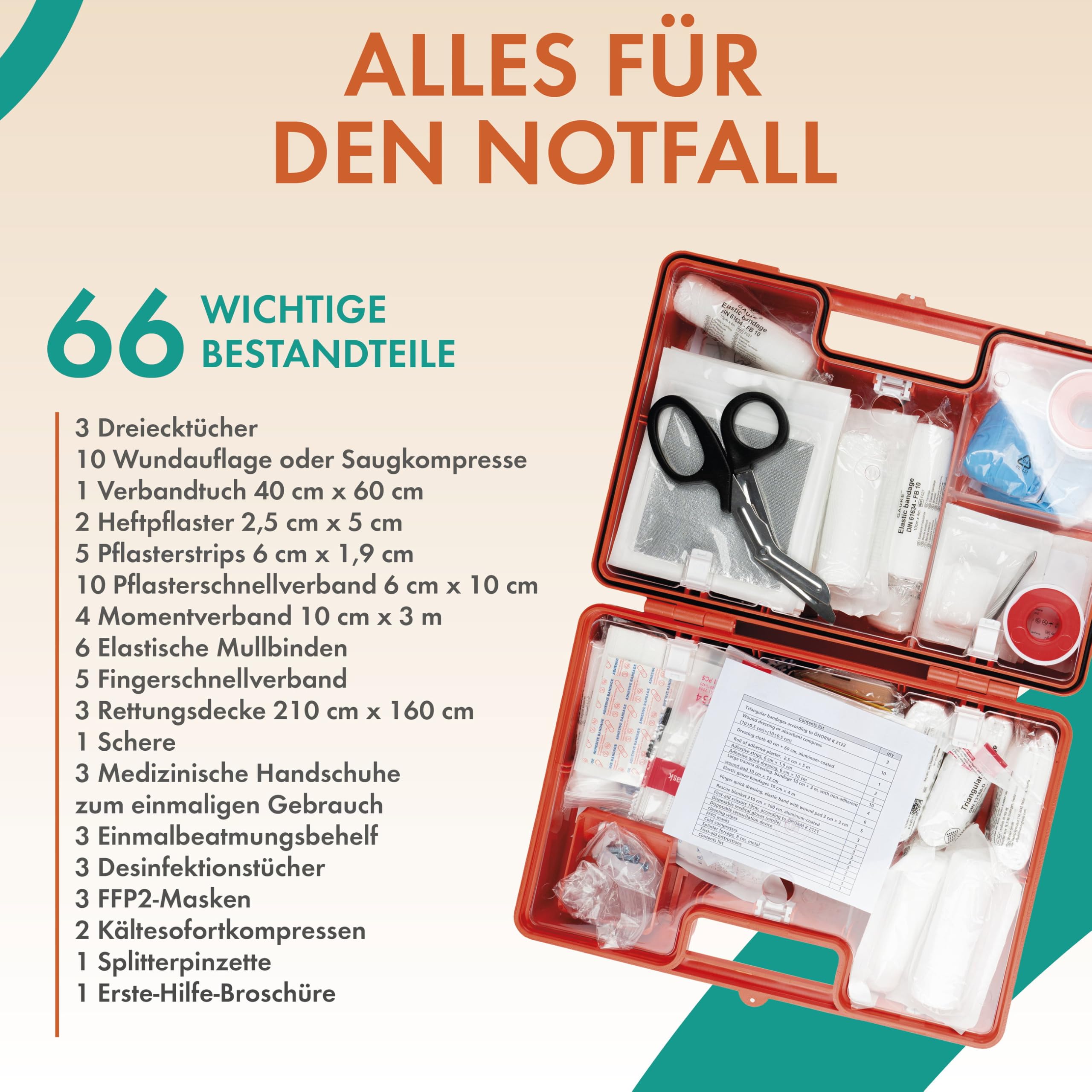 WALSER Kit di pronto soccorso Ö-Norm Z1020:2025, Cassetta aziendale 2026 incl. supporto a parete, Kit sanitario 66 pezzi per aziende, cantieri, ufficio e casa