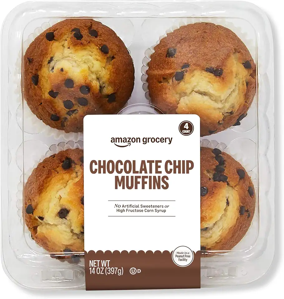 Amazon Grocery, Chocolate Chip Muffins, 14 Oz, 4 Ct, Frozen (Previously Fresh Brand, Packaging May Vary)