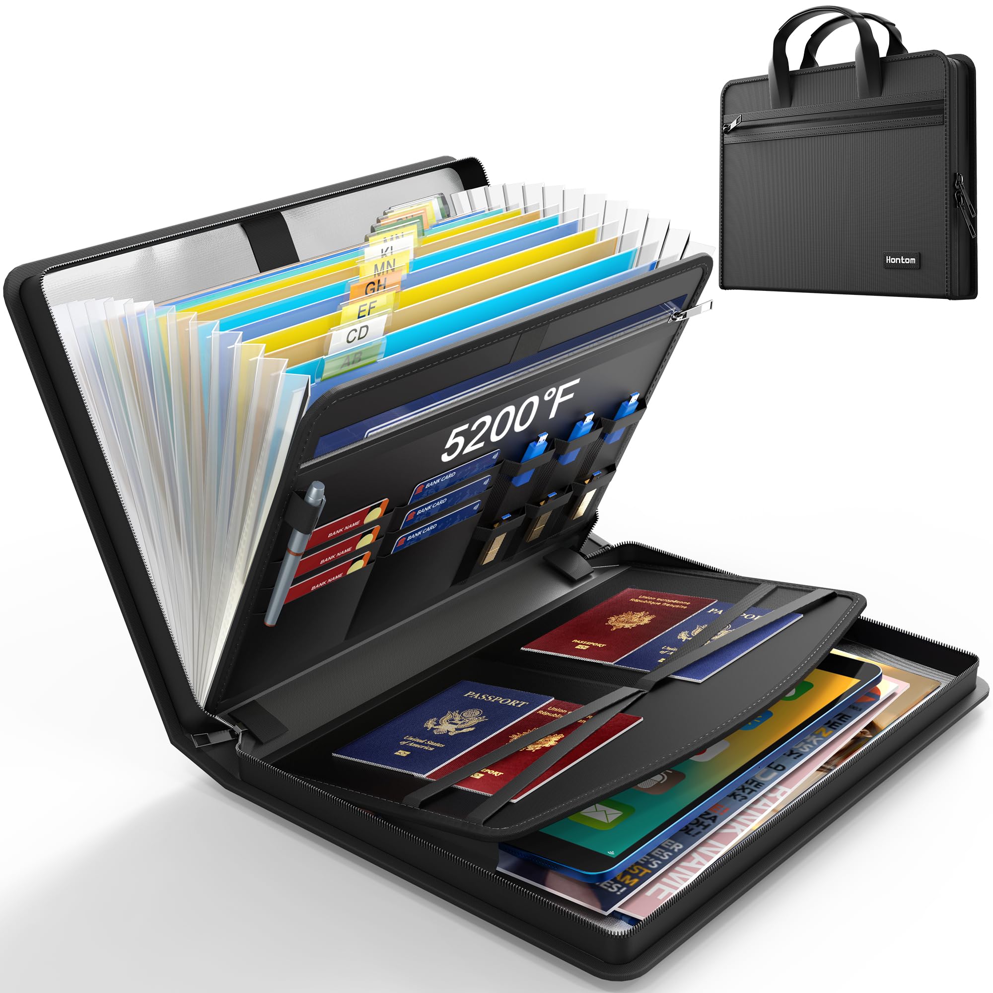Hontom Accordion File Organizer,13 Pockets Fireproof Document Organizer With Multicolored Pockets,Travel Business Fire Safe Storage File Folder Organizer With Zipper For Documents And File