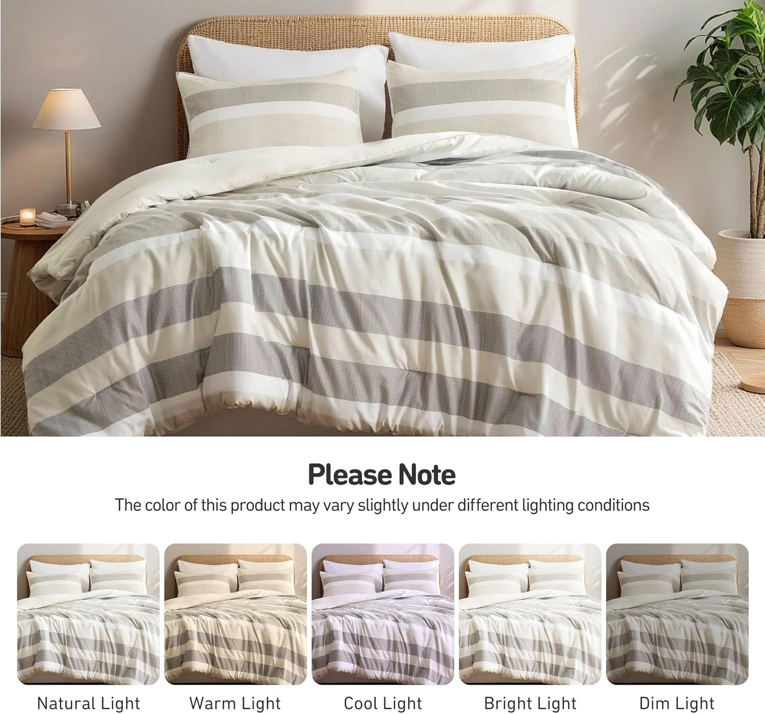 Queen Comforter Set, 3 Pieces Striped Bed Set, Soft Brushed Microfiber Reversible Bedding Set for All Season, Lightweight & Breathable Bedding Set with Comforter & Shams, Neutral
