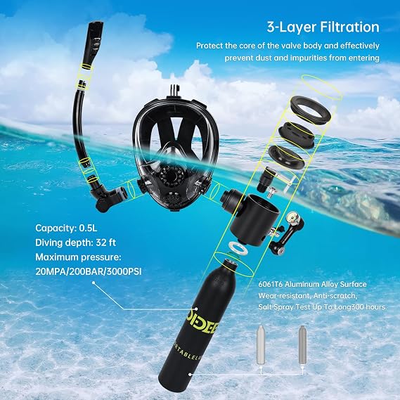 DIDEEP 0.5L Scuba Diving Tank with Full Face Snorkel Mask, Support About 7-10 Minutes, Lung Tank Sub Mask for Snorkeling, Underwater Exploration