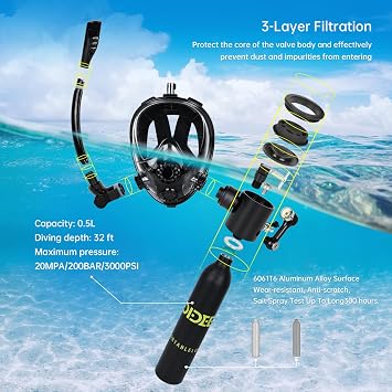 DIDEEP 0.5L Scuba Diving Tank with Full Face Snorkel Mask, Support About 7-10 Minutes, Lung Tank Sub Mask for Snorkeling, Underwater Exploration