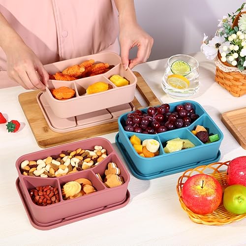 Miniatura 4 de FoldTier Caja Bento de silicona de 3 piezas, multicolor, 4 compartimentos, contenedor de almuerzo reutilizable de silicona para niños y niñas