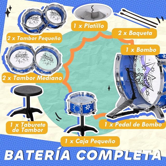 Foto 5 de 8 de AIYAPLAY Batería Infantil con Taburete Niños +3 Años 65x22x57 cm Azul
