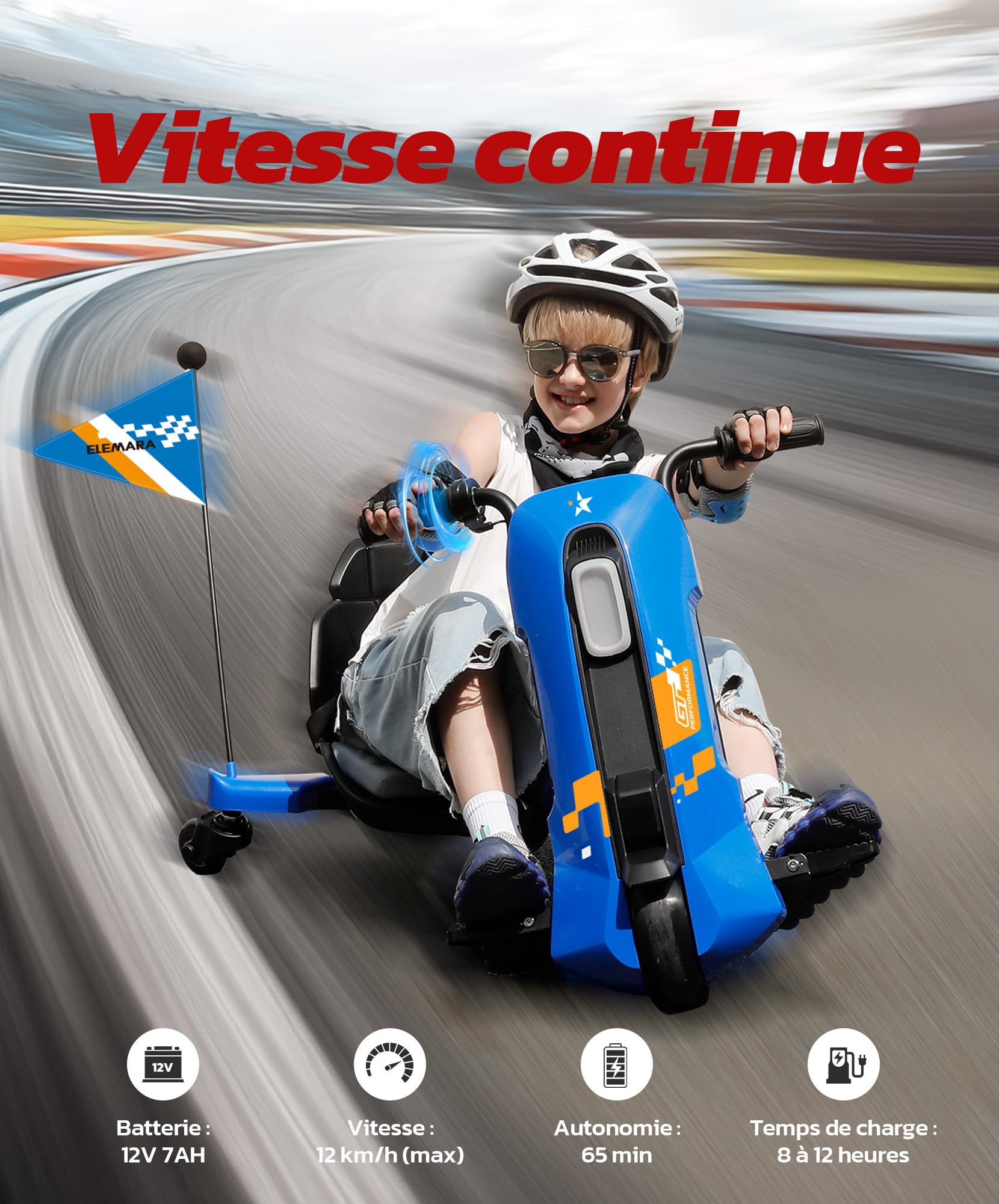 ELEMARA Kart Electrique avec Vitesse sans Pas, 12V Drift Kart électrique pour Enfants avec Siège Réglable, Go Karts avec Musique, Bluetooth, Lumière, Pennant, pour Enfant âgé de 6 à 14 Ans, Bleu