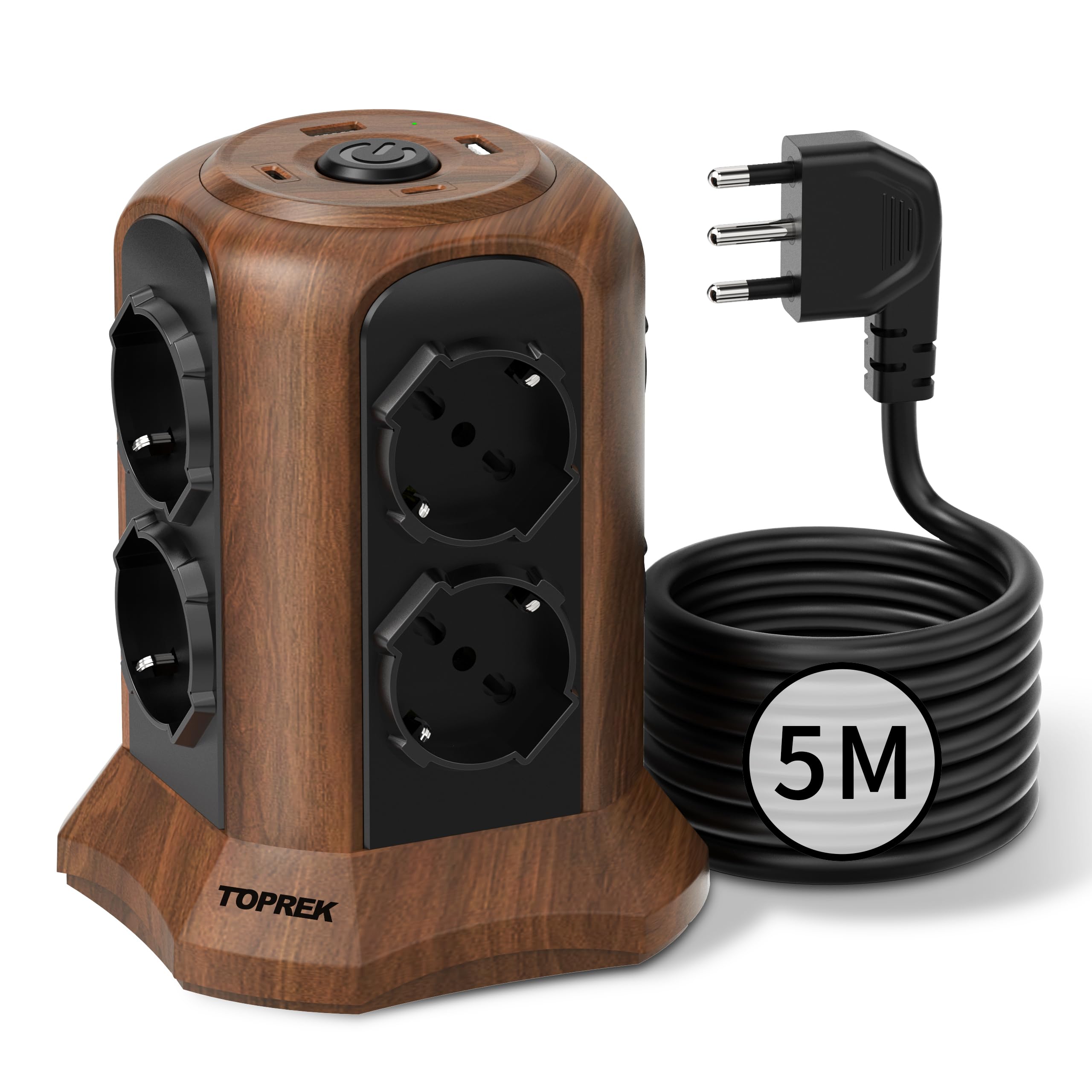 TOPREK Regleta Vertical Color Madera Marrón con 8 Tomas Schuko Universal ITA 10/16A y 2 USB C (Carga Rápida PD3.0 20W) 2 USB A, Regleta Eléctrica 5M con Interruptor, Enchufe Codo 90° 3680W/16A
