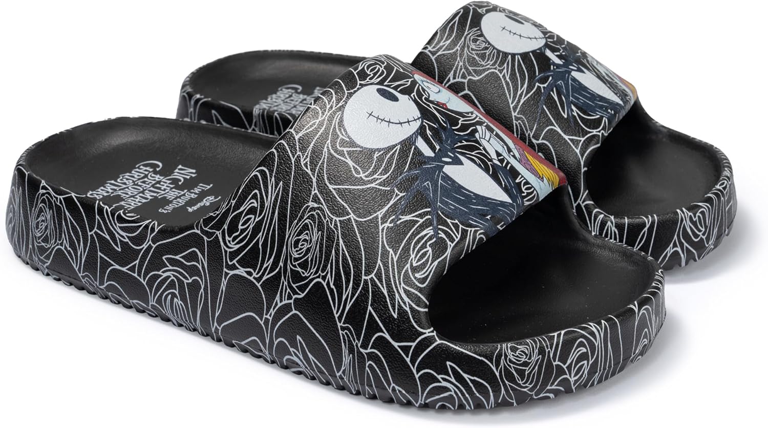 Disney The Nightmare Before Christmas Adult Black Rose Pool Slides Sandals - Spooky Quick-Dry Beach Flip Flops with Jack Skellington & Sally Print, Women's Sizes 5/6-9/10 Holiday Gifts for Fans