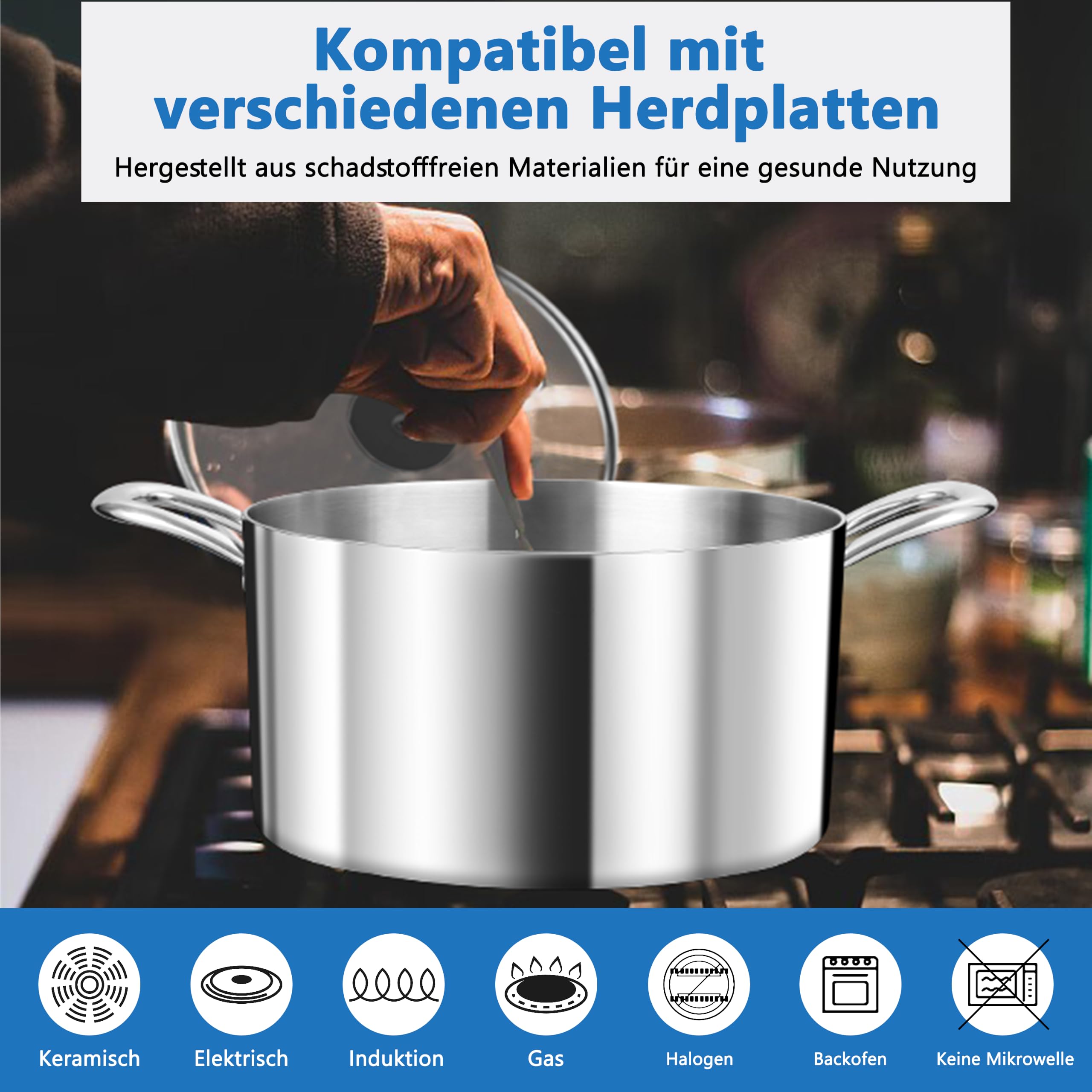 TEAMFAR Olla grande de 24 cm, 3 capas de acero inoxidable de 5,7 l, olla con tapa de cristal para todo tipo de cocinas, olla de sopa para pasta de inducción, acero inoxidable pulido y sin