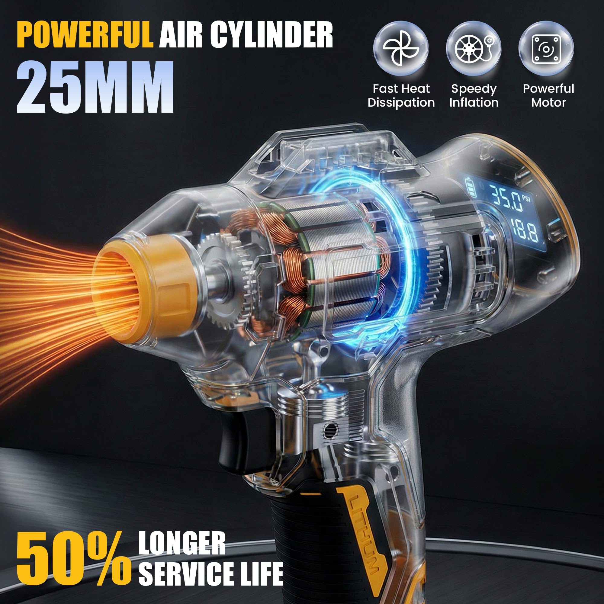 Gonfiatore per pneumatici compatibile con batteria Dewalt 18V, compressore d'aria senza fili da 160 PSI con manometro digitale LCD, spegnimento automatico e gonfiaggio rapido, gonfiatore per