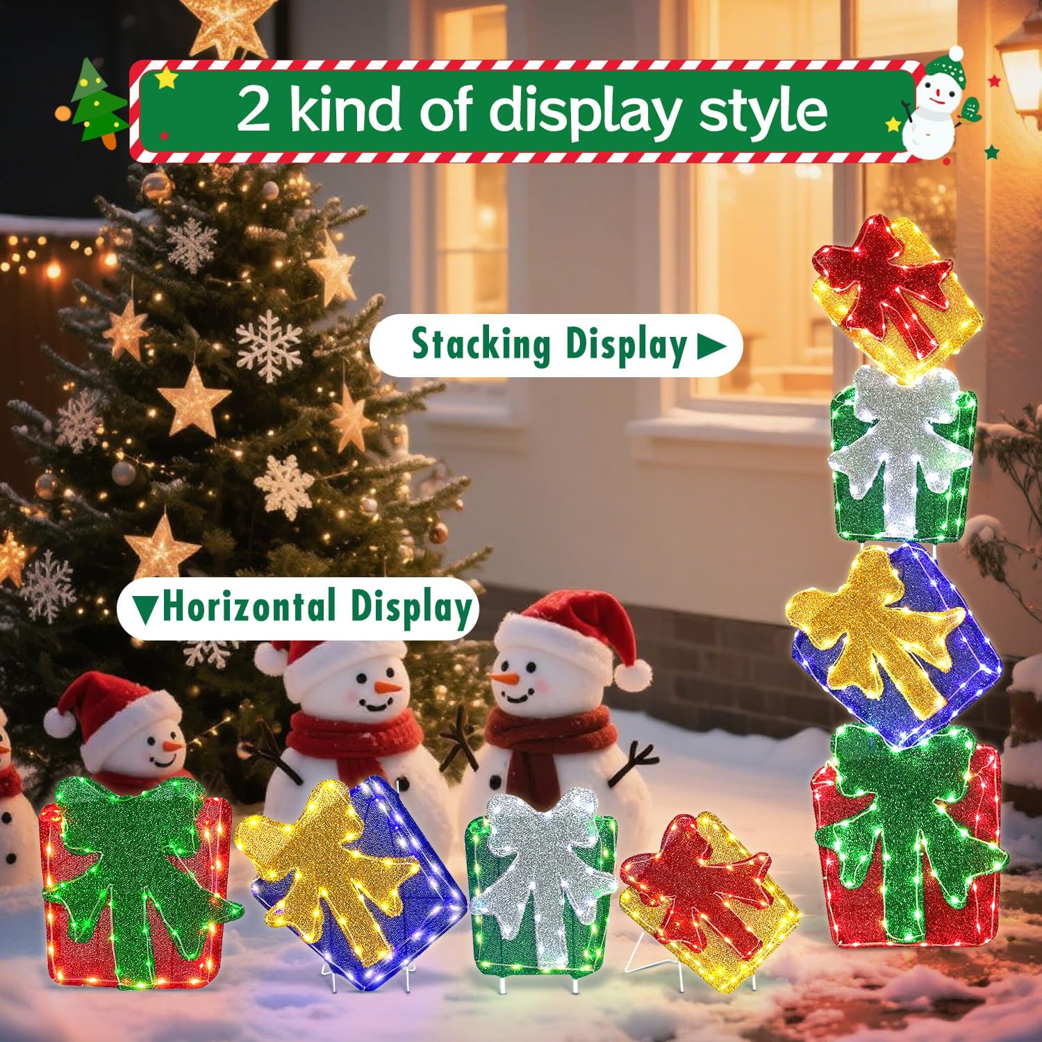 DomKom Set of 4 Flat Stacked Christmas Lighted Gift Boxes 40" Height - 2D Lighted Christmas Boxes with Built-in 200 LEDs & Bows - Indoor/Outdoor Plug-in Holiday Yard Display