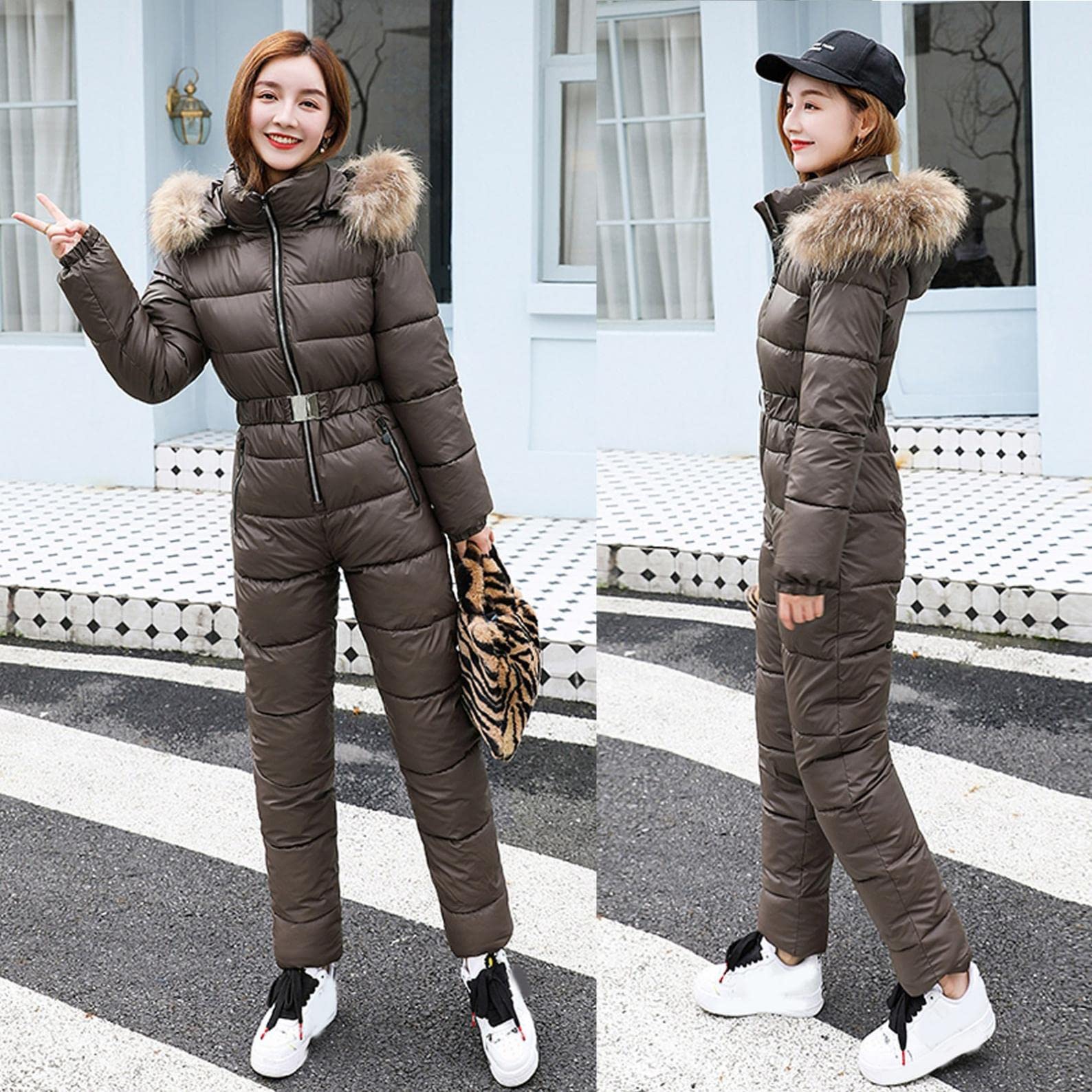 Traje de esquí para mujer, mono de una pieza con capucha, mono largo de esquí para invierno, cálido, nieve, esquí, conjuntos de cremallera, para exteriores, impermeable, traje de esquí