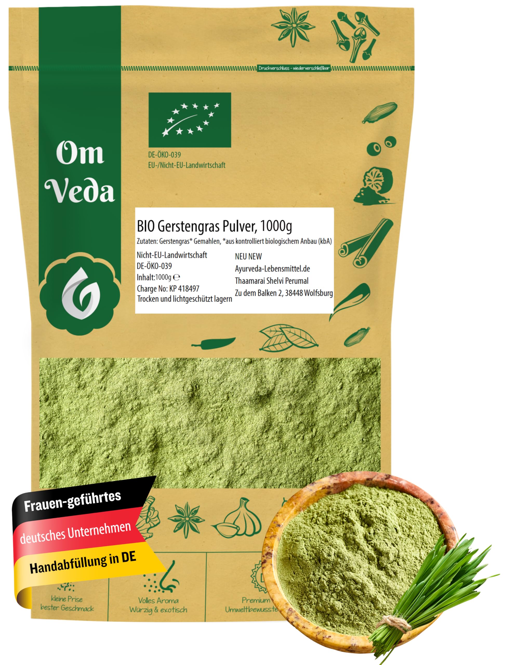 BIO Gerstengras Pulver | Rohkostqualität | 100% reines Gerstengraspulver | vegan, glutenfrei, laktosefrei | OmVeda (1000g)